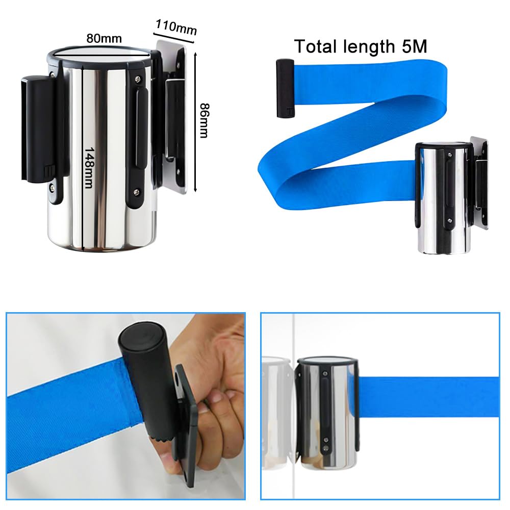 5M Cinturón Barrera Retráctil para Montaje en Pared Queue Barrier Seguridad Barrera Cinturón Queue Barrier Acero Inoxidable Cinturón de Seguro para Crowd Control Azul