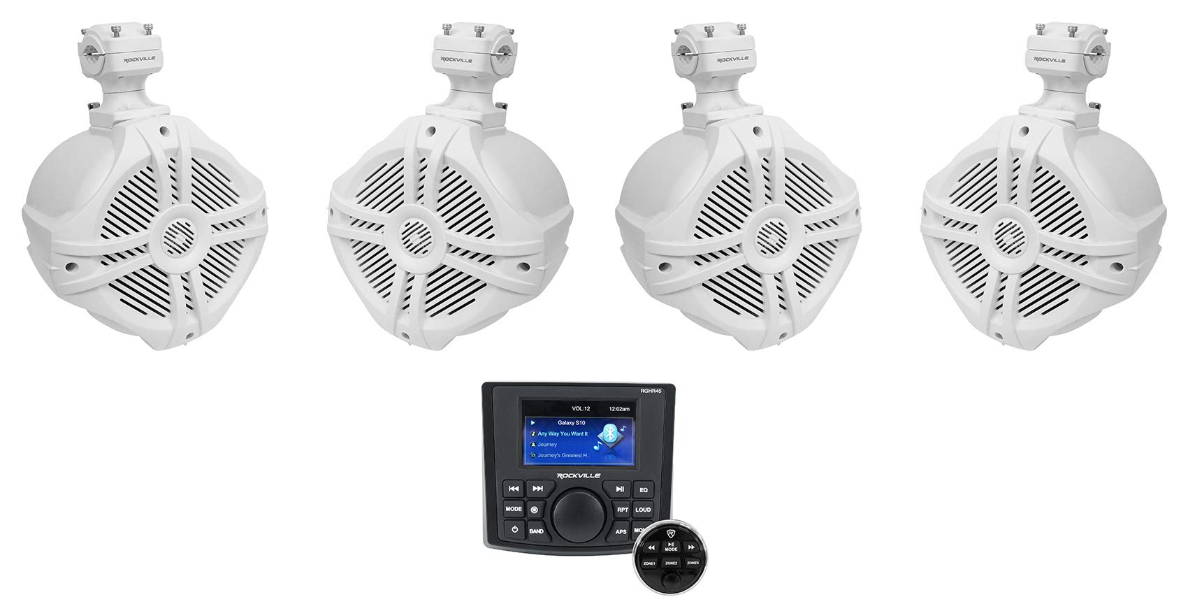 Rockville RGHR45 4 Zone Marine Gauge Hole Receiver Bluetooth/Radio/Wired Remote Bundle with (4) RWB70W White 6.5
