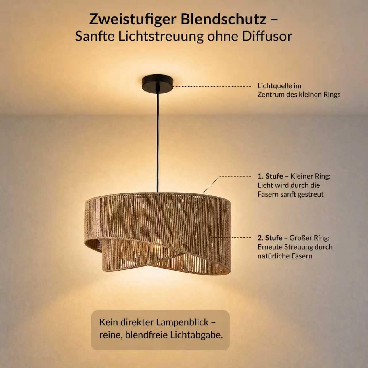 Hängelampe Skandi Ø45cm – 2-stufige Pendelleuchte aus Papierseil, Trapez-Design, höhenverstellbar, E27 – ohne Glühbirne