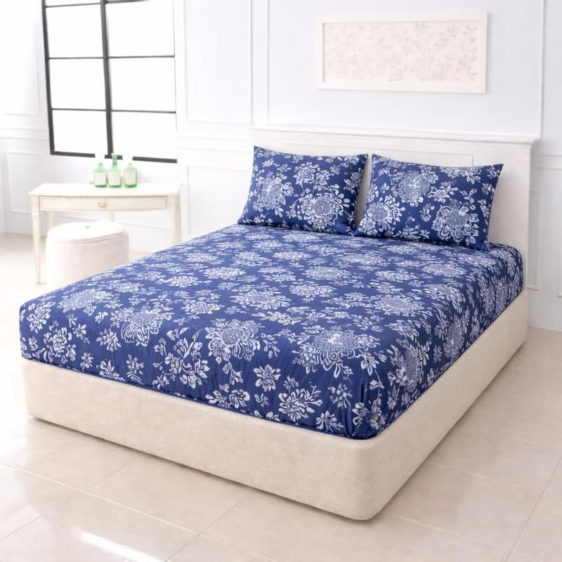 Image of 300 TC Microfiber XXL Soft Cotton Super King Size Bedsheet for Double Bed, King Size 108 Inches X 108 Inches, 9 Feet, 275 X 275 cm with 2 Large Size Pillow Covers |JP-Blue