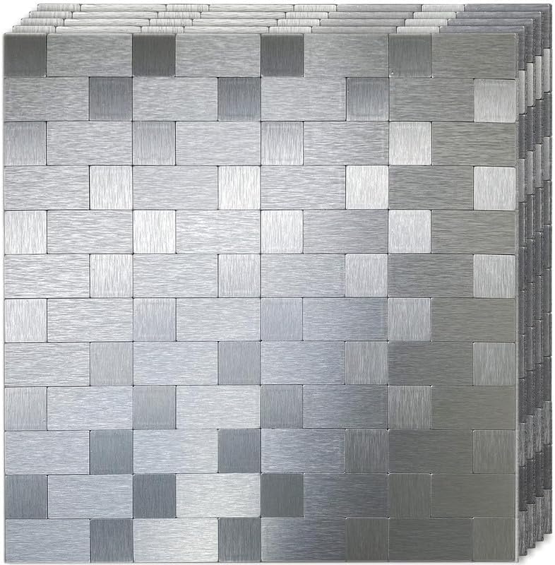 Ketumal Mosaic Wall Tiles Metal, Self Adhesive Tile Stickers,Peel and Stick Tile Metal Backsplash,Waterproof Heat Resistant,Suit for Kitchen Bathroom Backsplash Floor (12"*12" inch,Silver) (10)