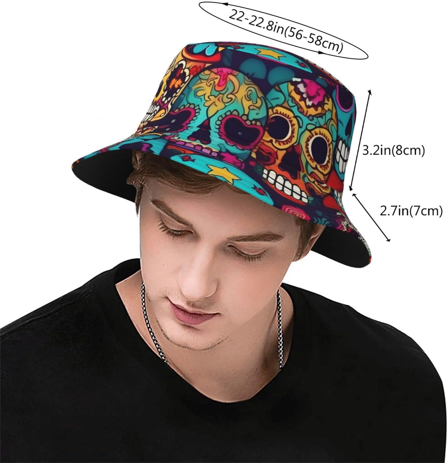 Sugar Skulls Print Bucket Hat for Men Women,Fun Sun Hats,Fisherman Outdoor Summer Travel Hiking Cap Black