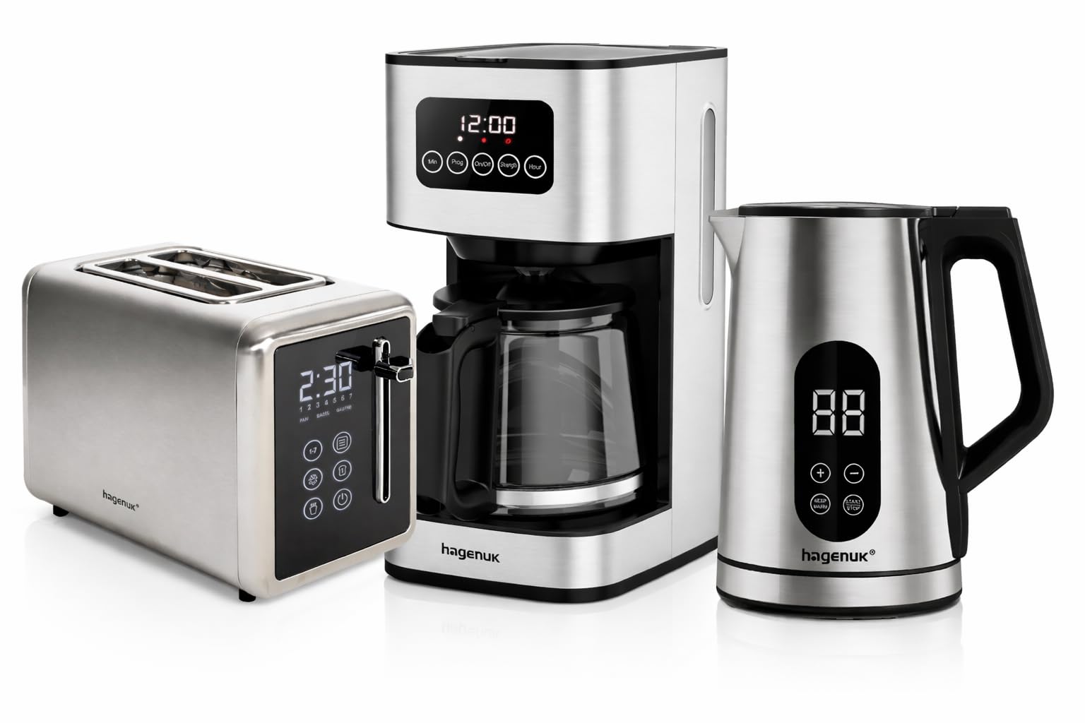 Digitales Frühstücksset Edelstahl – Toaster 850W, Filterkaffeemaschine 12 Tassen 1,5L mit Timer & Warmhaltefunktion, Wasserkocher 2200W 1,7L mit Temperaturwahl & Touch