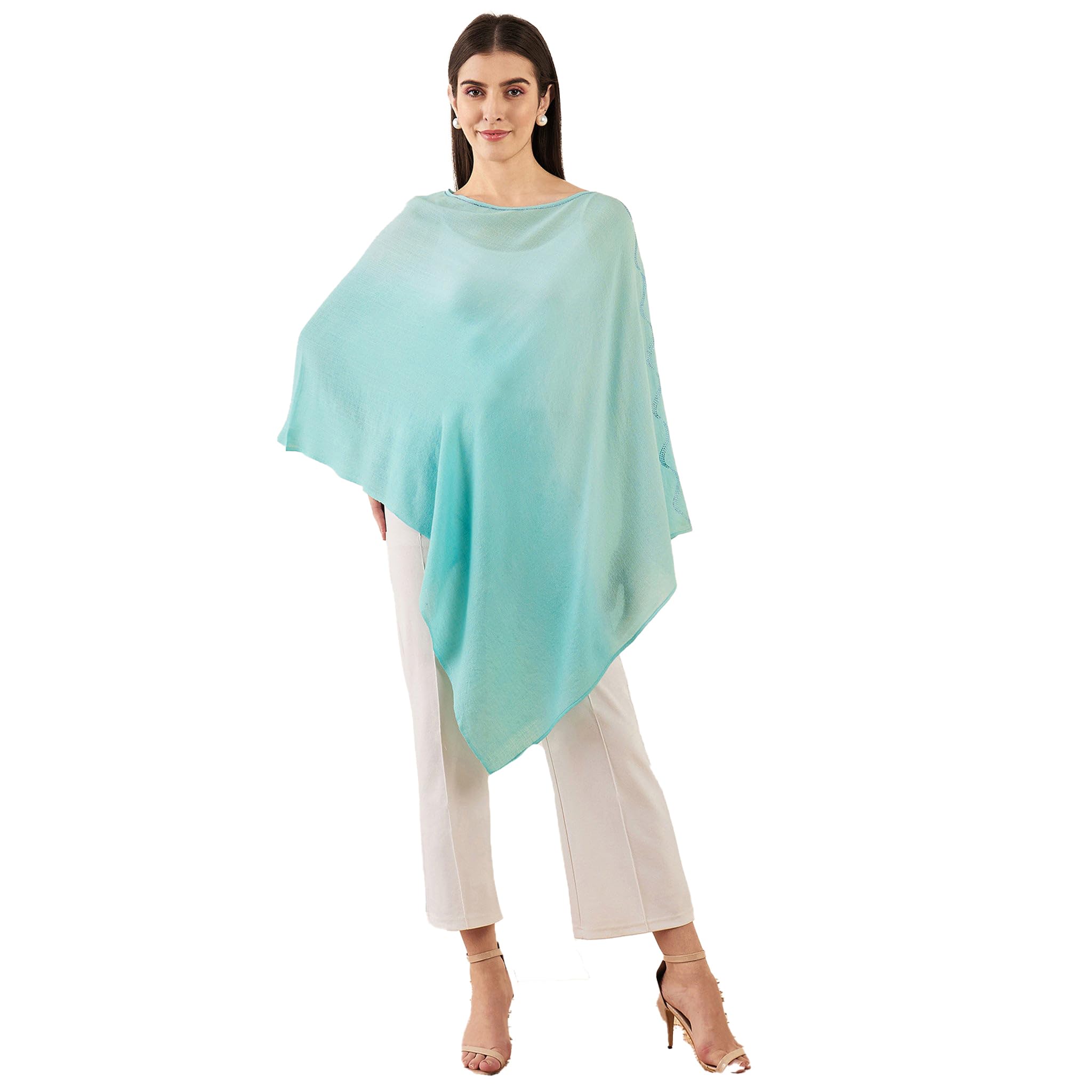 first resort Mint Green Ombre Asymmetrical Embellished Cashmere Poncho-picture-7
