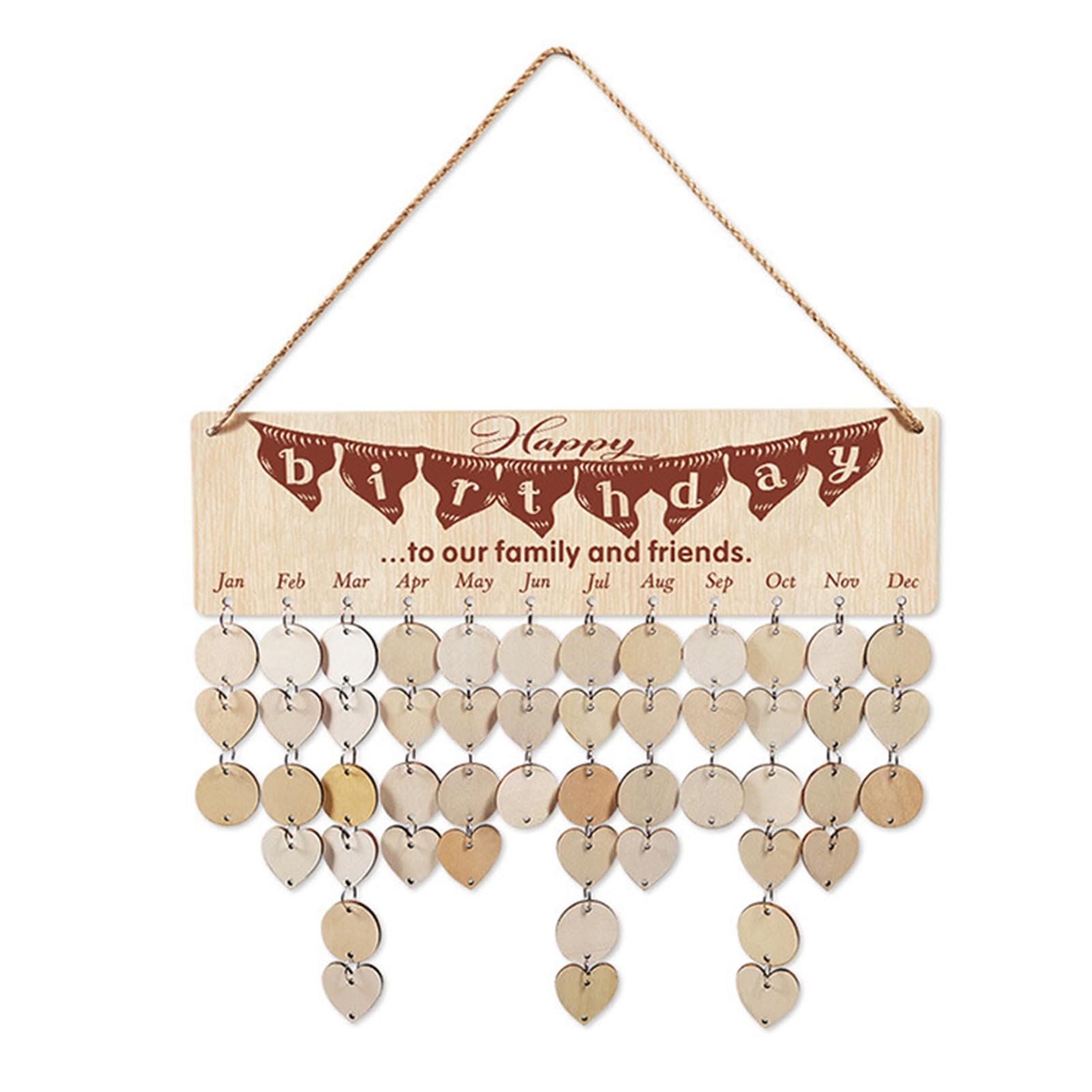 anwhriet Family Birthday Reminder Calendar Board – Wooden Wall Hanging Plaque, Personalised Date Tracker with 50 Heart & Flower Tags, Rustic Home Décor Gift for Mum, Grandma & Friends D