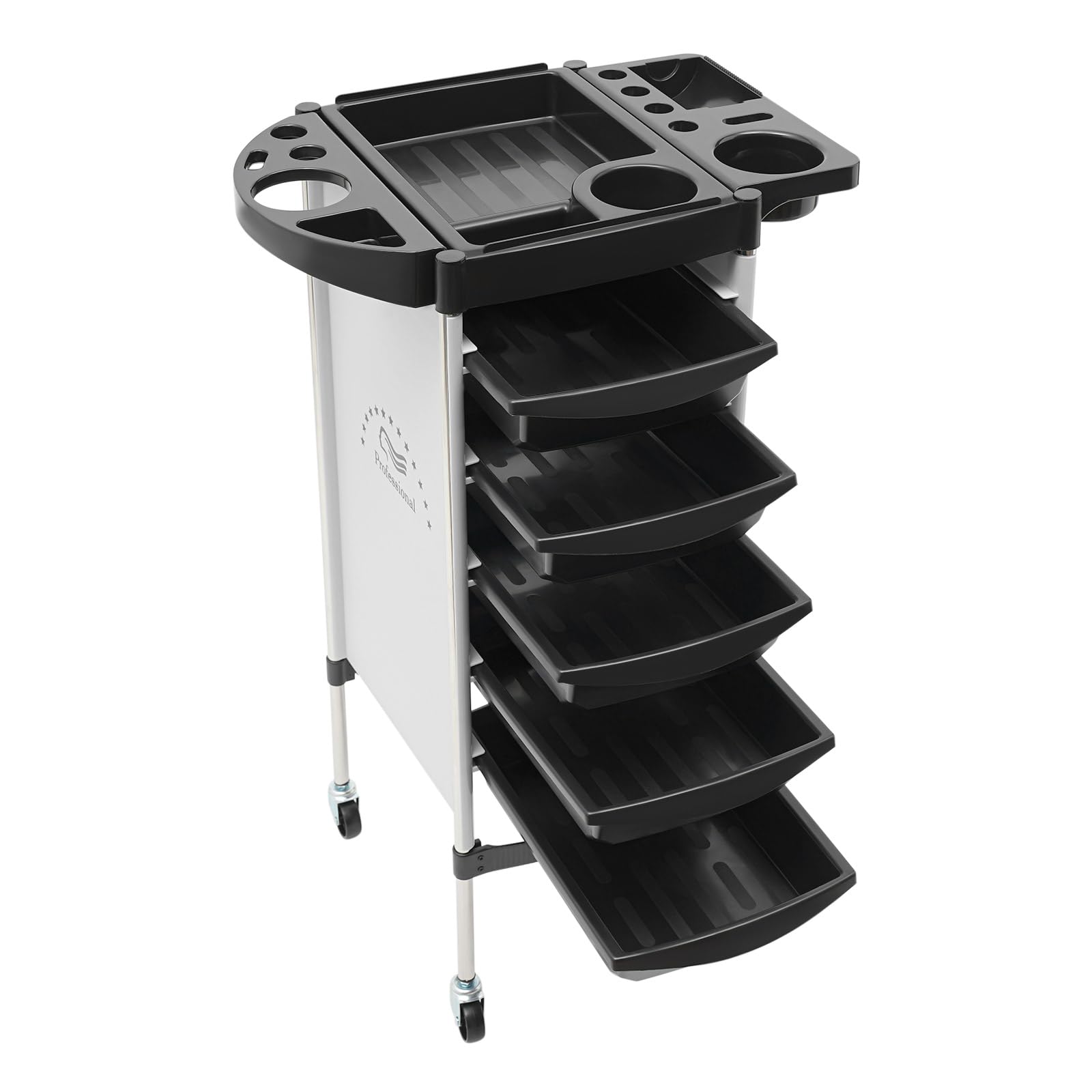Chariot de salon, chariot de rangement multifonctionnel pour coiffeurs, chariot pour ranger les produits de coiffure, chariot de salon avec roues universelles et 5 tiroirs, chariot portable à 6 étages