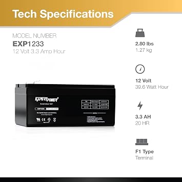 ExpertPower EXP1233-3.3Ah 12V Battery Sealed Lead Acid, Replacement for Back-UPS ES 350, BE350E, BE350C, BE350R, BE350U, 12 Volt Rechargeable UPS Battery