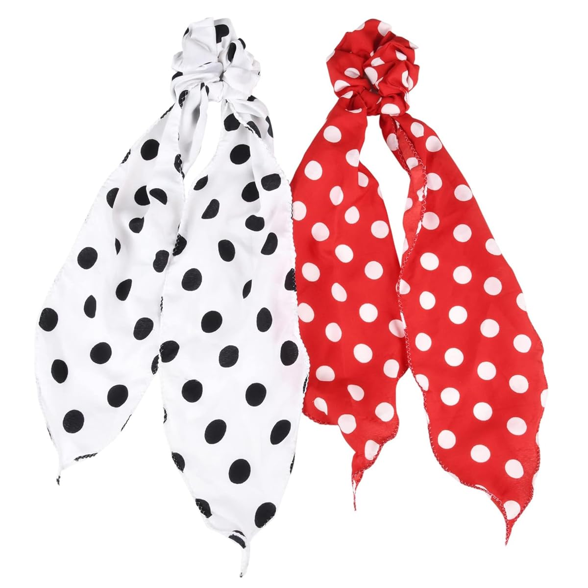 Matkooz Polka Dots Hair Scarf Scrunchies, Elastic Hair Ties, 2 in 1 Ponytail Holder Hair Scarves For Women - Pack Of 2Pc, Red,White-image-18