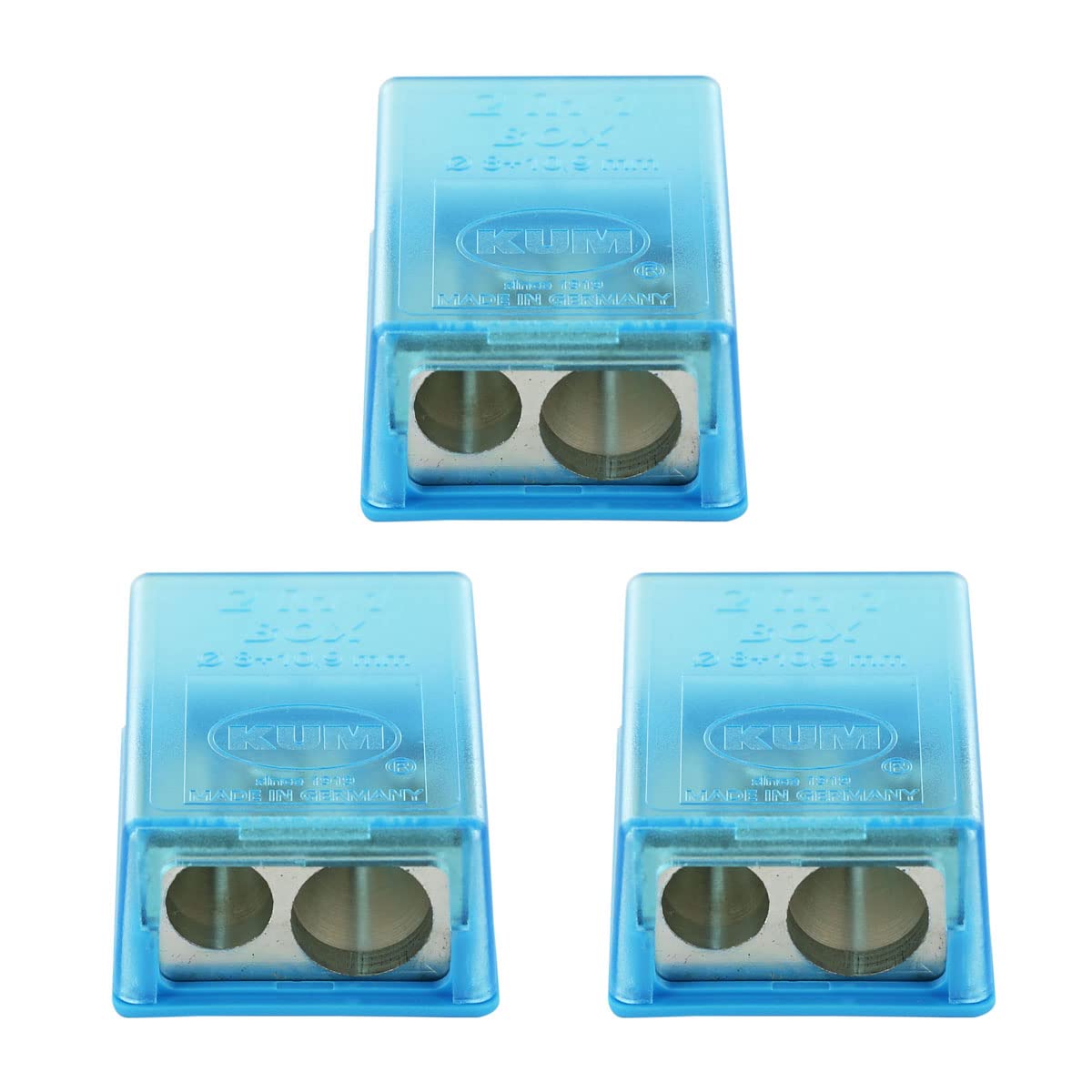 KUM AZ1032016-B - Pencil Sharpener with Container 2-in-1 M2, Pack of 3, Blue, Double Sharpener with Tin
