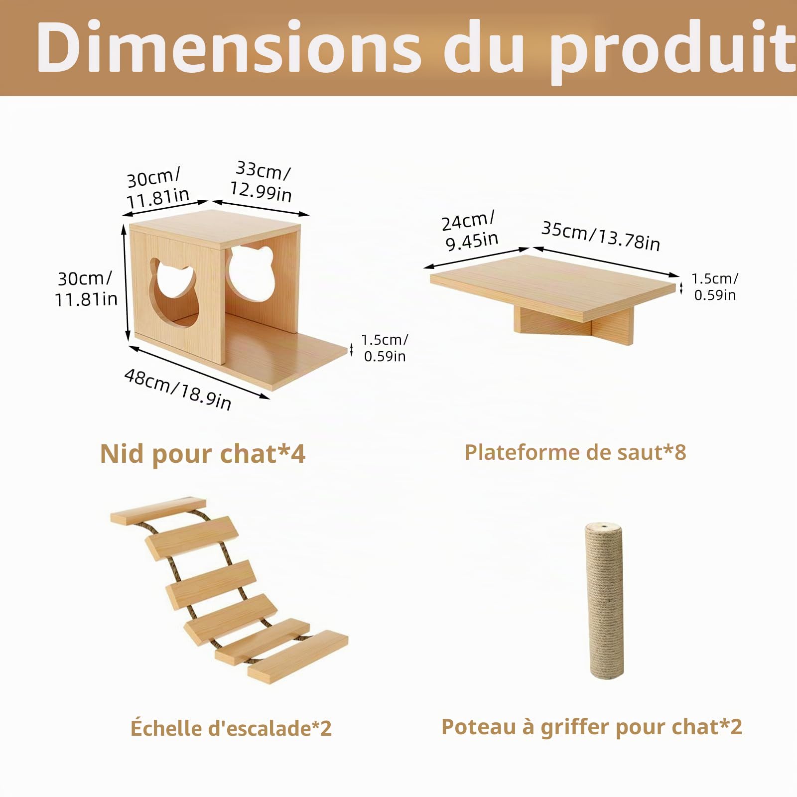Étagères Murales pour Chat, Ensemble de Meubles Muraux en Bois avec Maison pour Chat, Plateformes d’Escalade, Escaliers, Pont Suspendu et Poteaux en Sisal, Arbre à Chat Mural Gain de Place