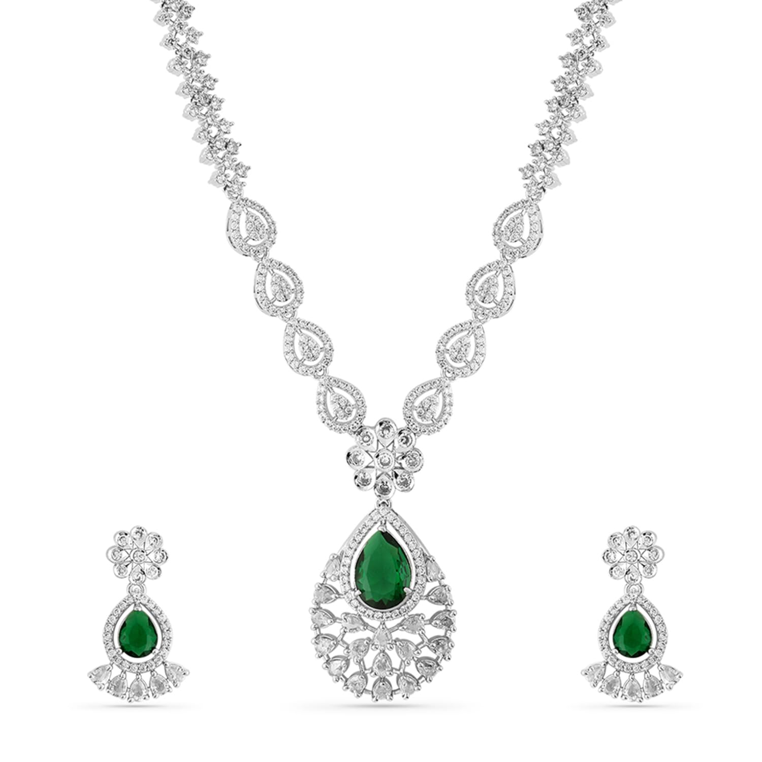 Rhodium Plated Cubic Zirconia Studded Necklace Set