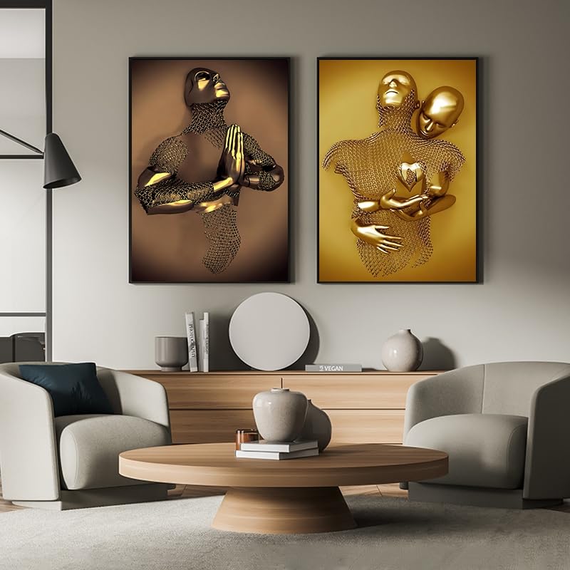 WADBTP Modern Art Metal Figure Canvas Painting Poster, Metal 3D Sculpture Effect, Romantic Lovers Hug Home Poster Set - Image 3