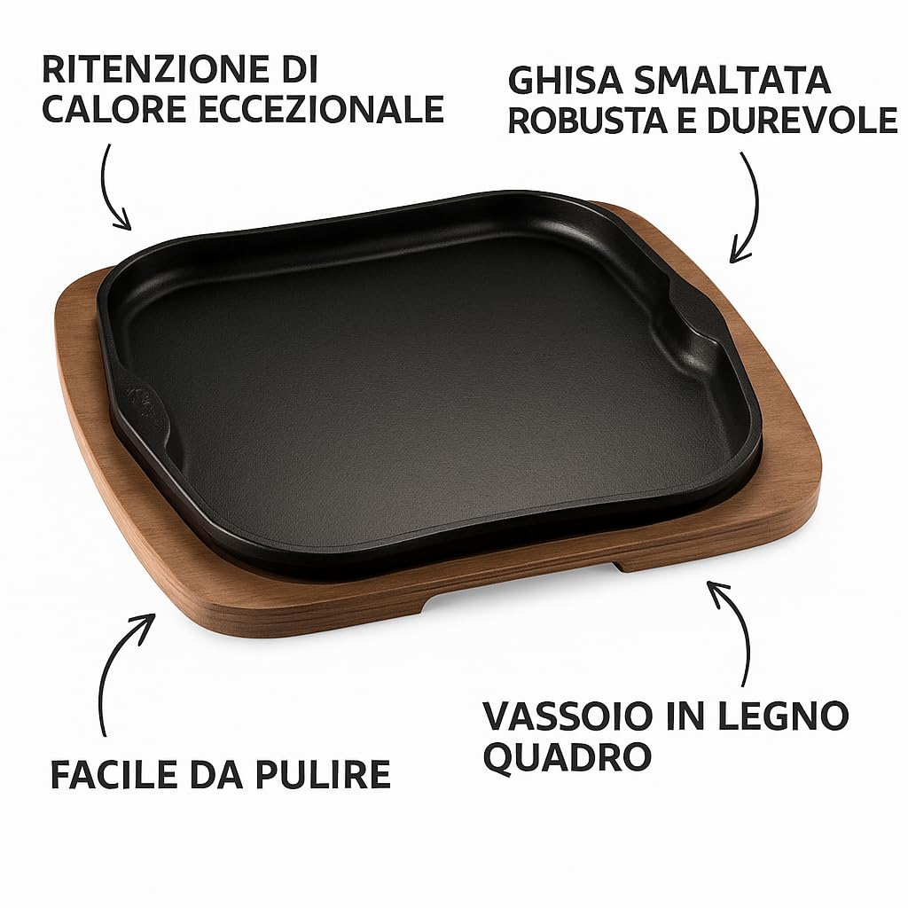 Piastra in Ghisa Smaltata Quadrata con Base in Legno – Piatto da Servire Caldo per Carne, Pesce, Verdure e Fajitas – Alta Resistenza e Ottima Ritenzione del Calore (cm 30x22)