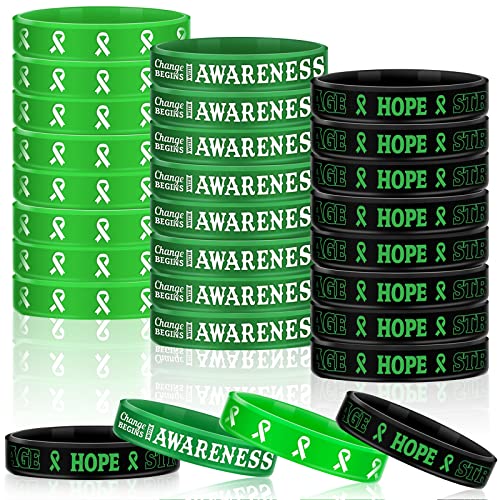 Sosation 48 Pcs Mental Health Awareness Bracelet Gifts Items Green Mental Faith Courage Hope Silicone Motivational Bracelets for Men Women