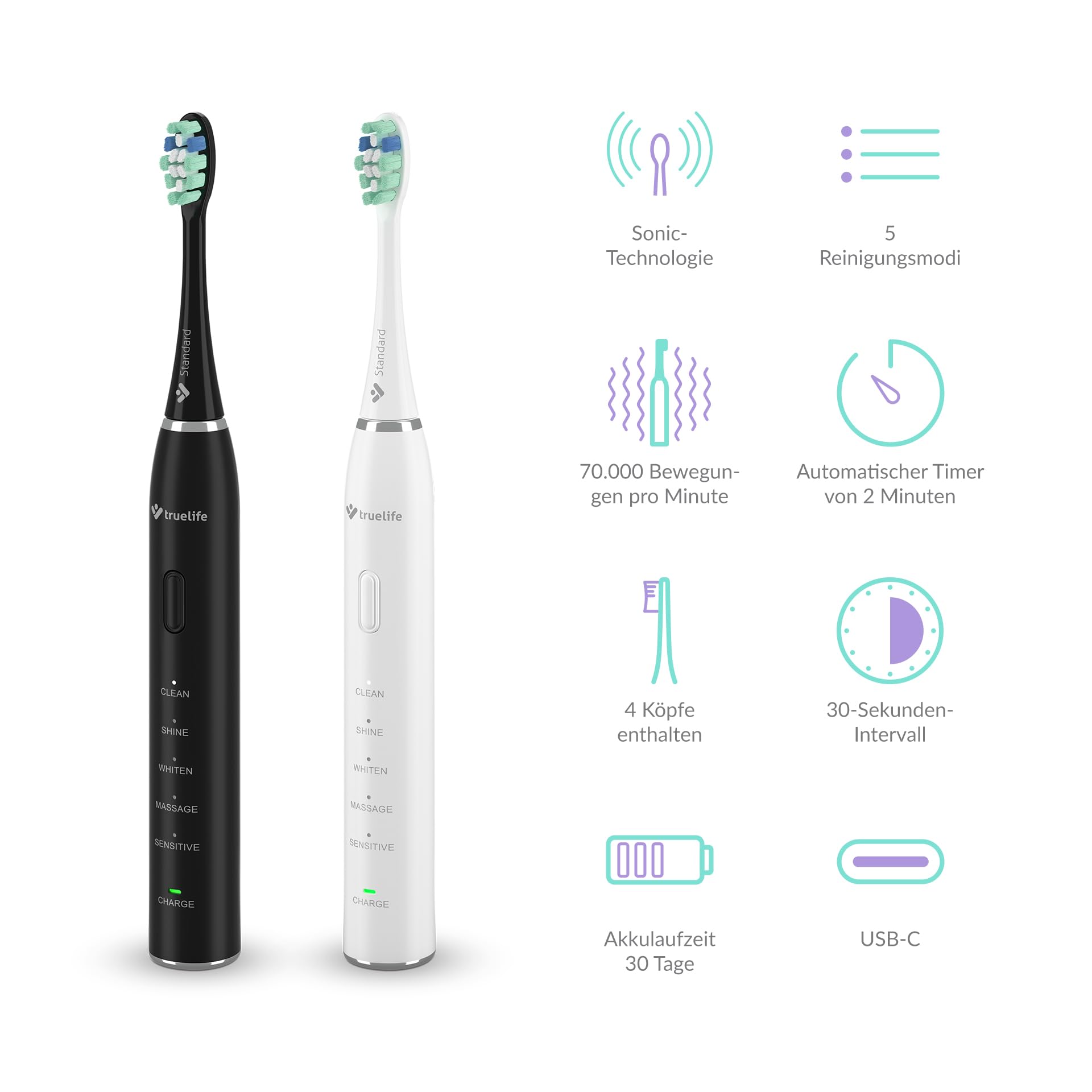 TrueLife Schallzahnbürste SonicBrush Clean30 Duo – Schallzahnbürste Set mit 5 Modi, 30 Tage Akku, USB-C, Timer, IPX7 wasserdicht, 2 Zahnbürsten inkl. Aufsteckbürsten & Reiseetui (Schwarz und Weiß)