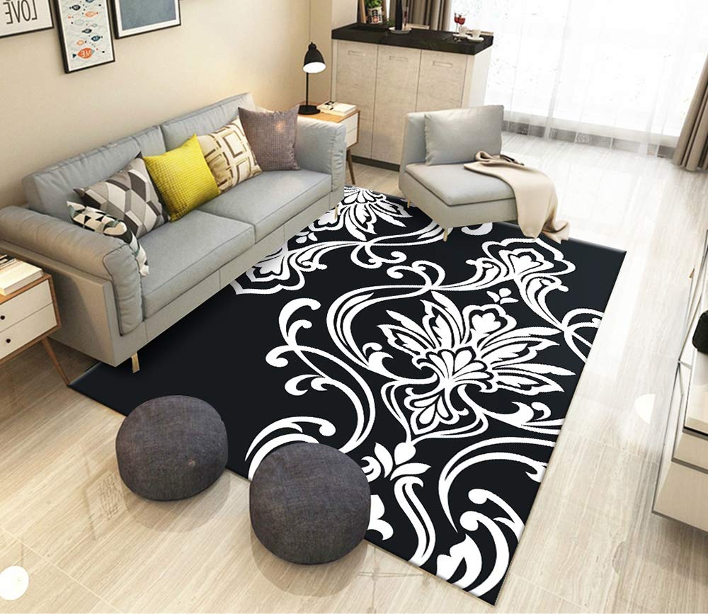 Tapis velours cristal haut de gamme à motifs géométriques et finitions soignées noir et blanc