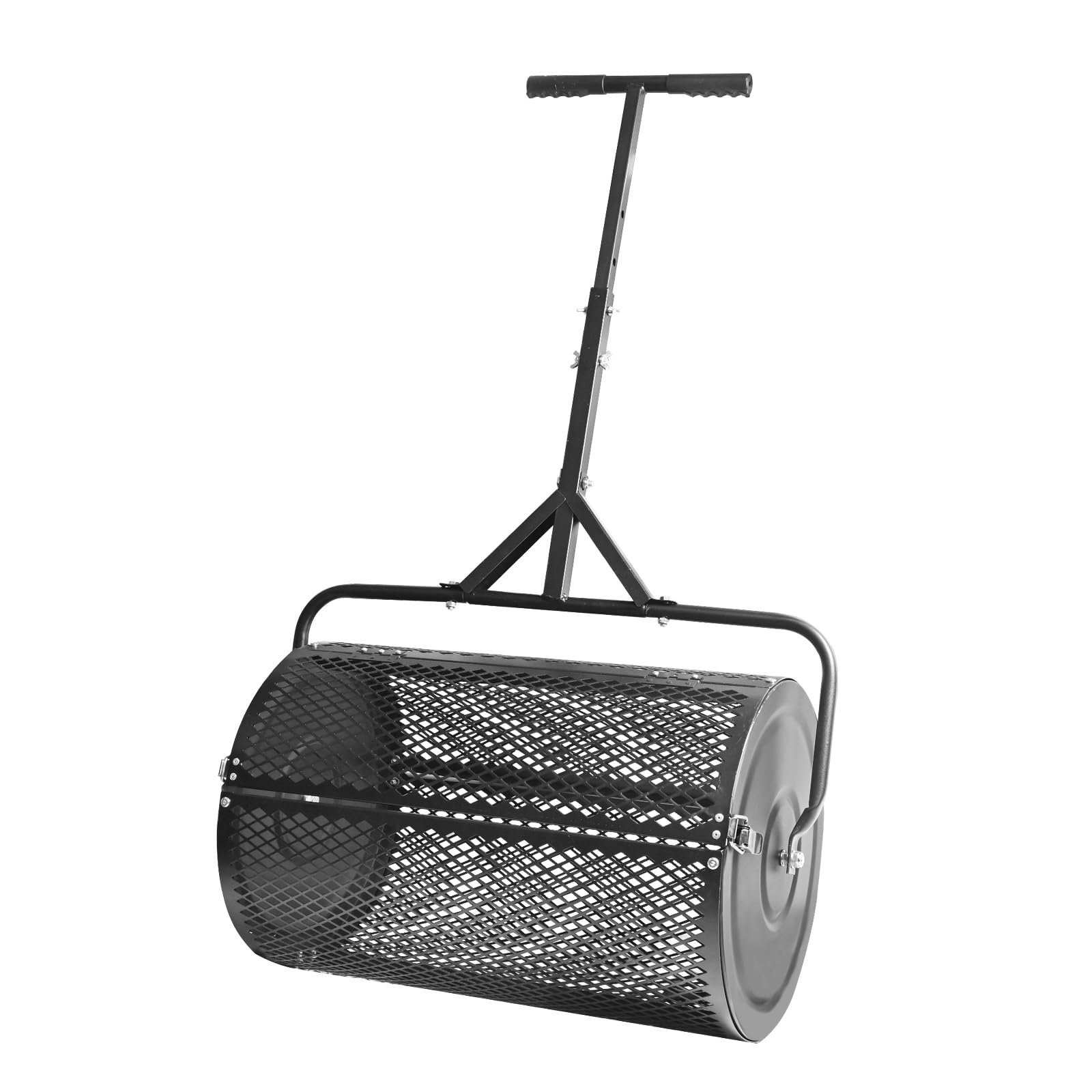 Esparcidor de abono y musgo de turba de 24 pulgadas, esparcidor de césped de 24 pulgadas con mango en forma de T de altura ajustable, cesta de malla de acero para esparcir la capa superior del suelo,