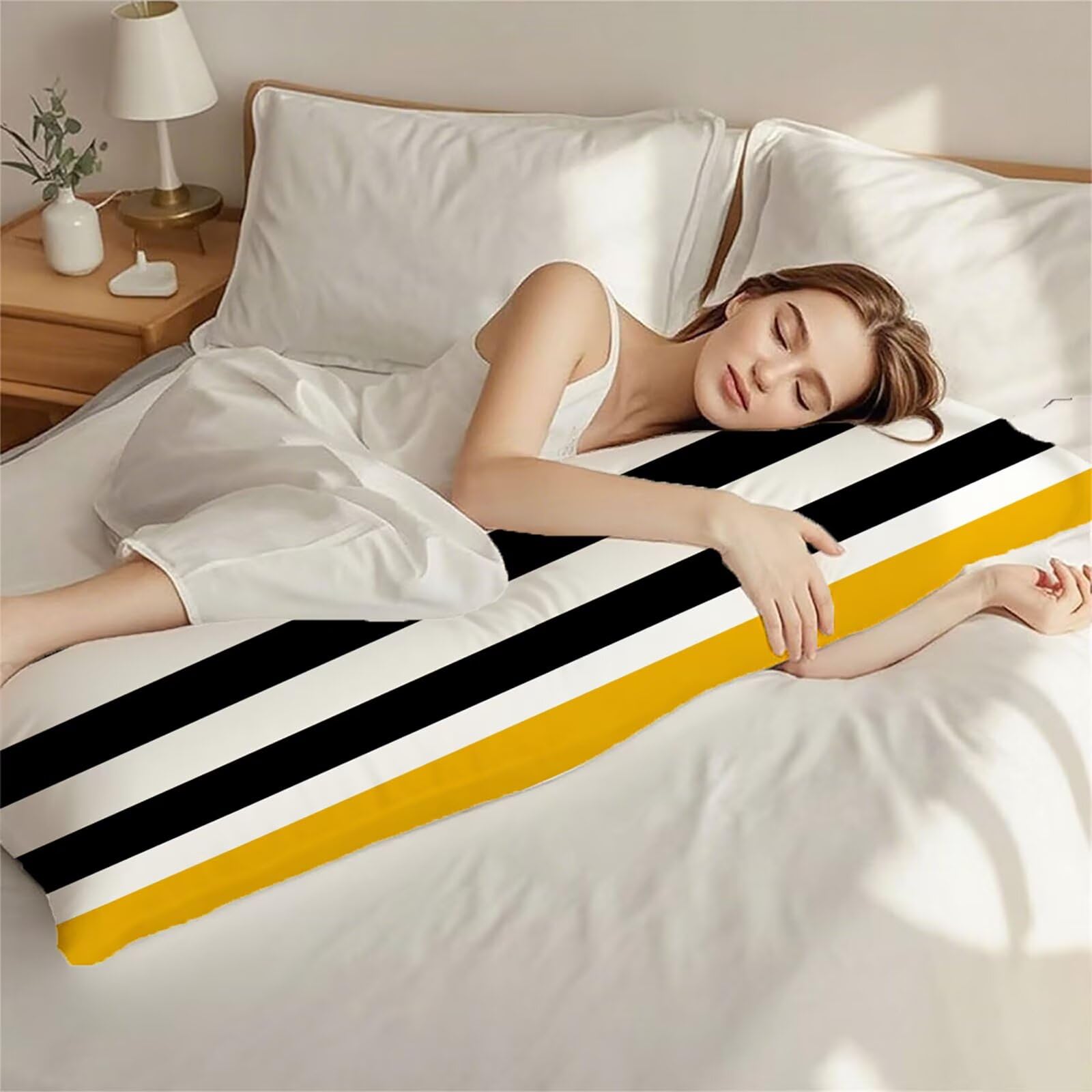 Poduszka do spania na boku, poszewka 60 x 180 cm, w paski, miękka aksamitna poduszka do spania, dla osób śpiących na boku, czarno-biała, dwustronny nadruk, do salonu, sypialni, dekoracja bz-567