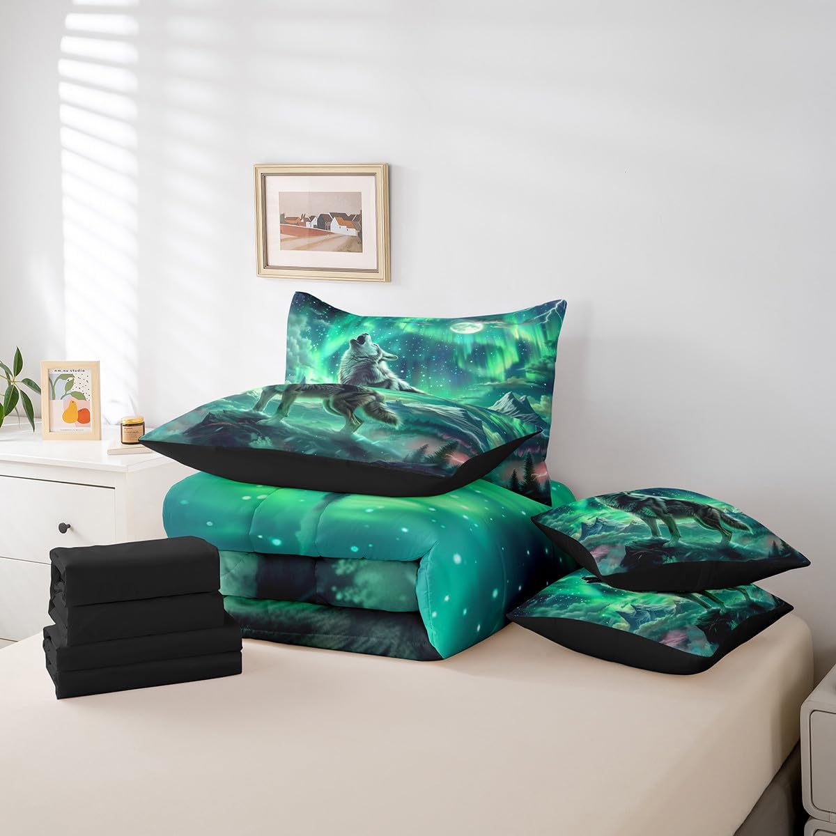 Erosebridal Wolf Comforter Set Full Size,Aurora Natural Dreamy Bedding Set for Kids Teens,Wildlife Animal Print(Comforter+Fitted+Flat Sheet+2 Pillowcases+2 Throw Pillow Covers) 7 Pieces Bed Set