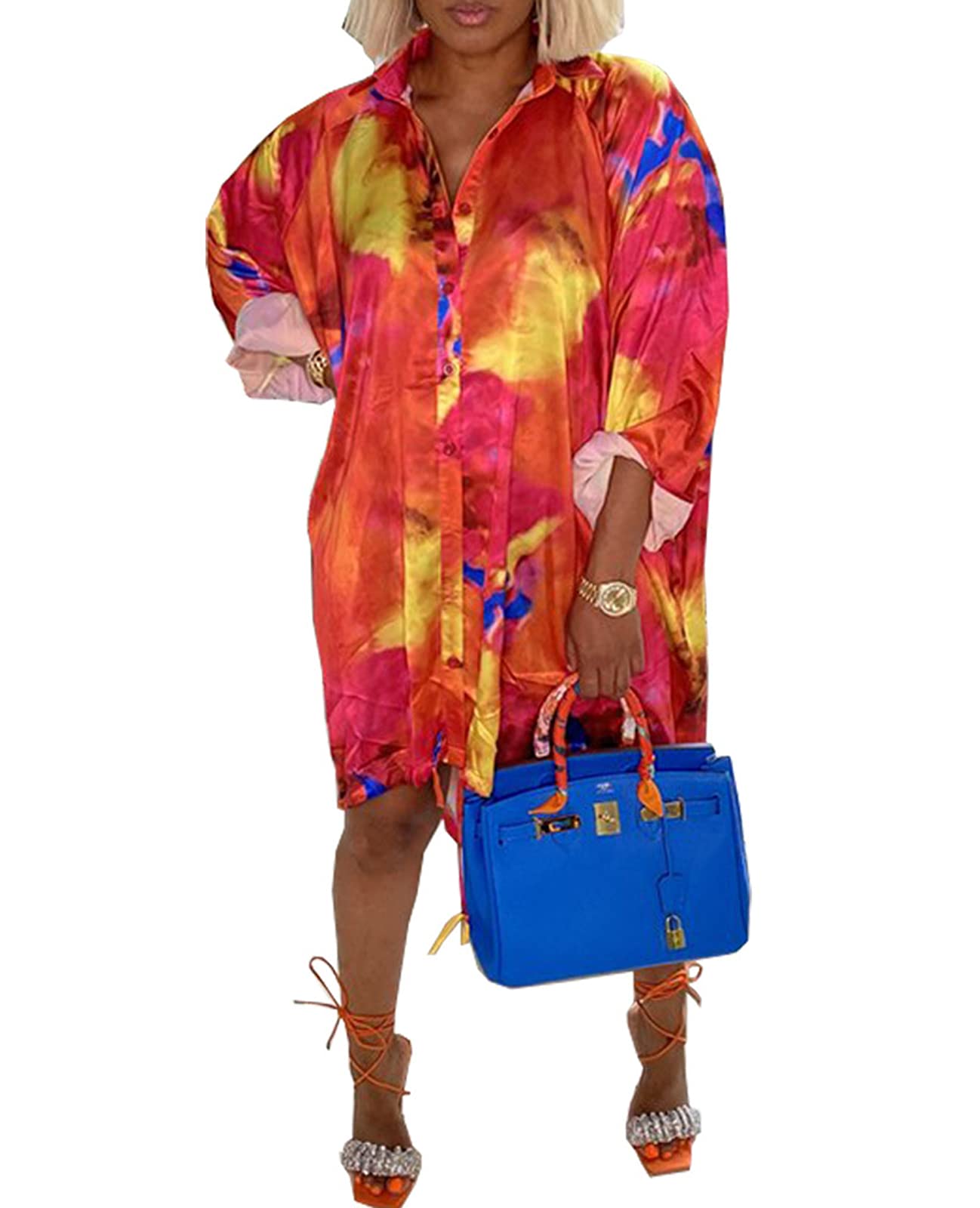 Ophestin Loose Fit Button Down Shirt Dress Solid/Printed Long Sleeve Drawstring High Low T-Shirts Blouse Midi Long Dresses