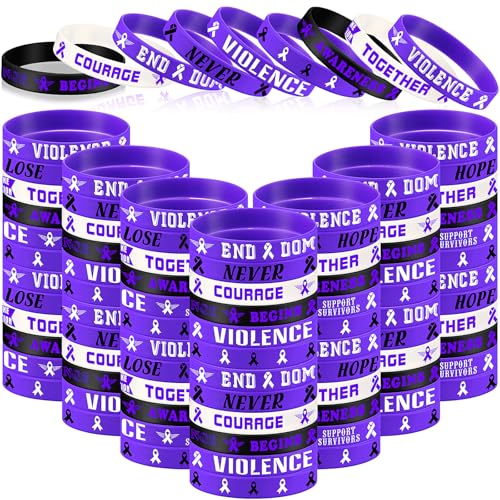Image of Landical 120 Pcs Domestic Violence Awareness Bracelets Bulk End Domestic Violence Silicone Wristbands Purple Ribbon Awareness Bracelets