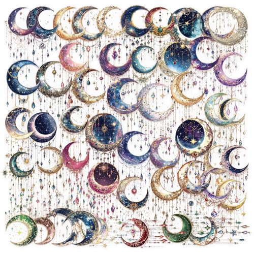 50PCS Dreamy Moon Crystal Gem Scrapbook Stickers,Clear Celestial Vinyl Decals