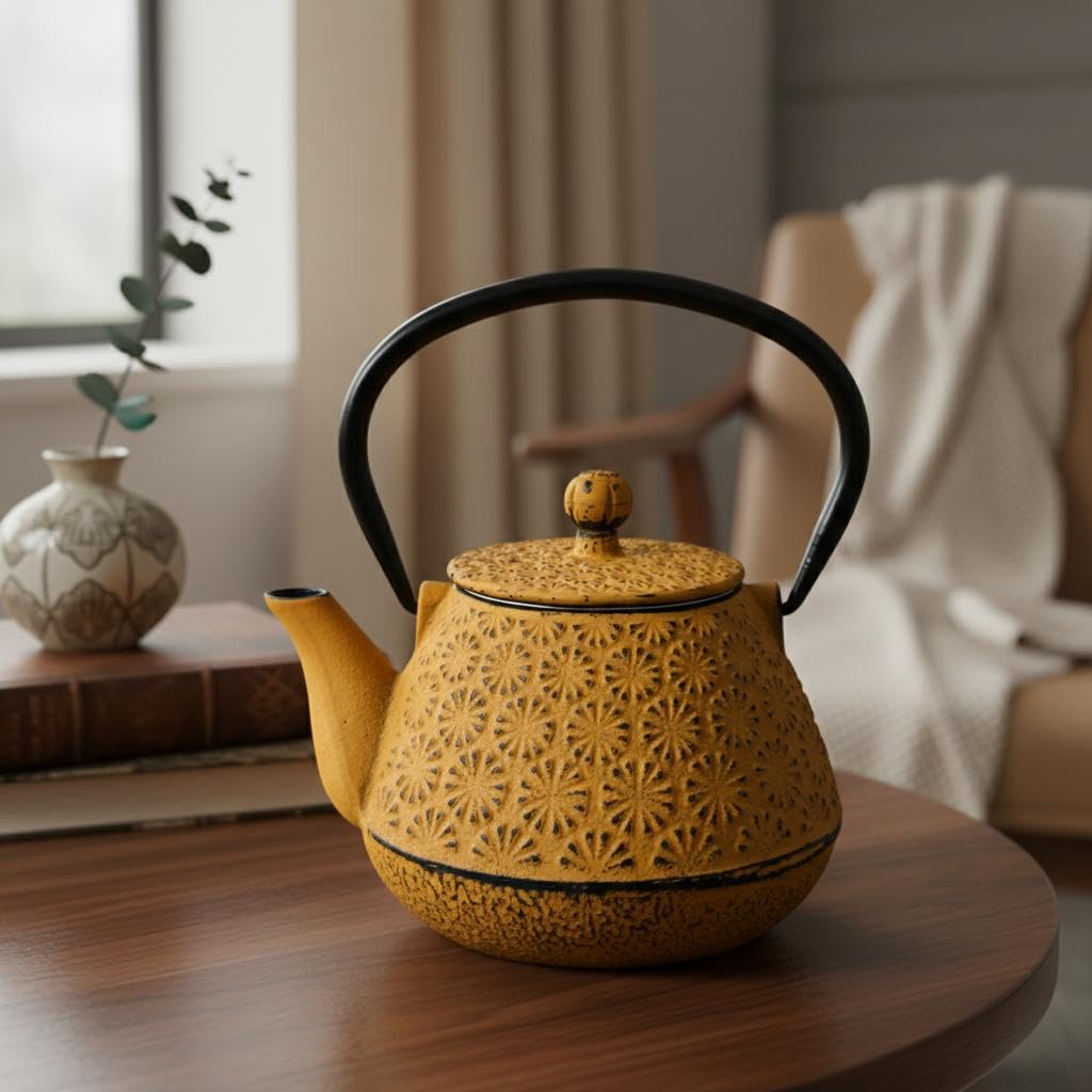 Tetera de Hierro Colado 0,6L Amarilla con Diseño Floral - NOVEDAD
