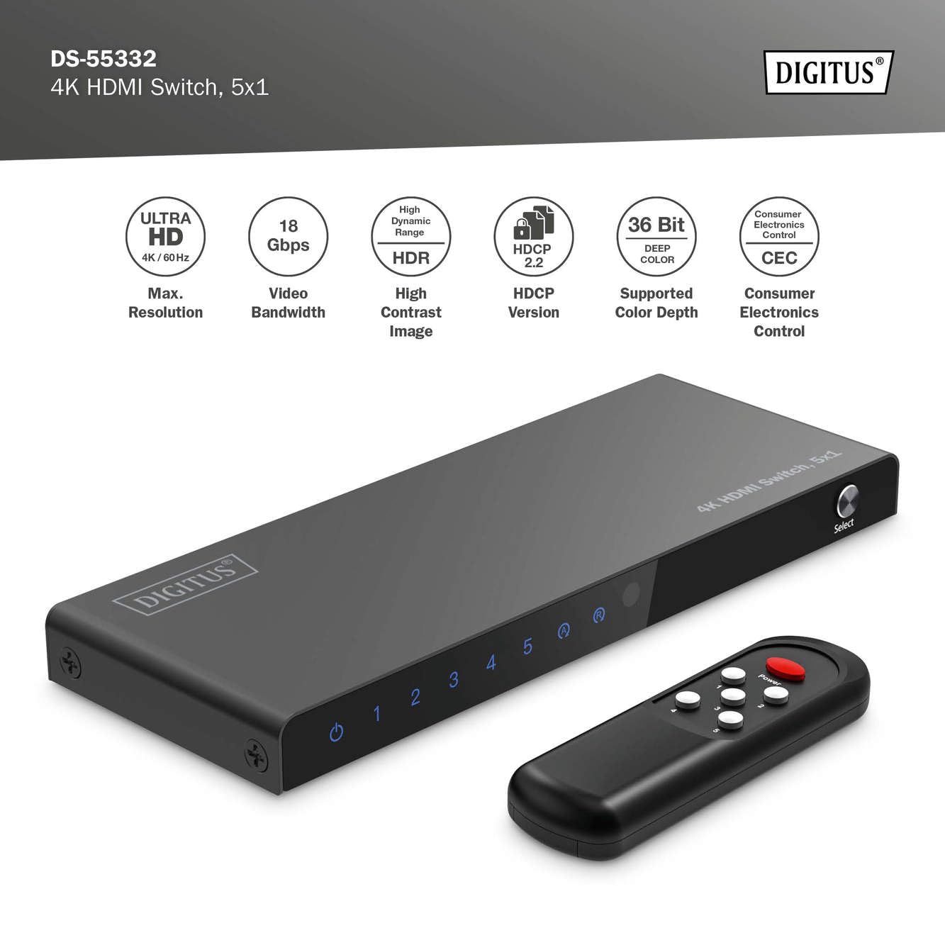 DIGITUS Conmutador HDMI 5x1 – 5 entradas, 1 Salida – UHD 4K/60 Hz – | HDMI 2.0, HDCP 2.2 – HDR, CEC, Deep Color, DTS, Dolby Digital, LPCM – Para televisores, monitores, consolas de videojuegos