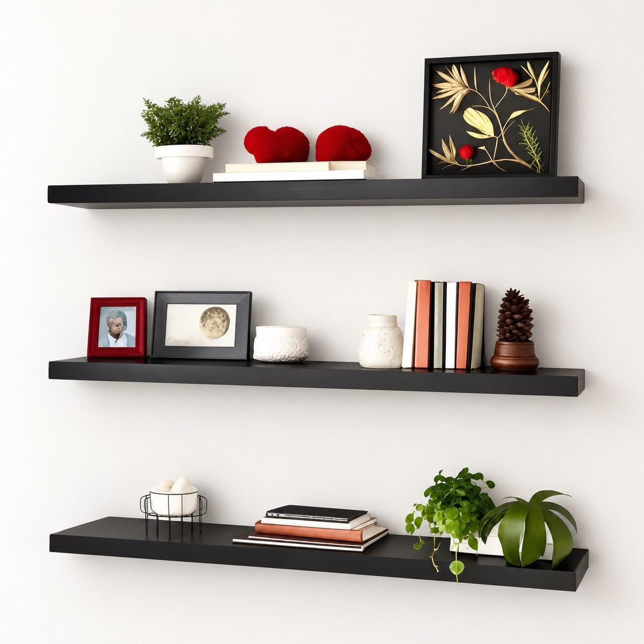 Floating Wall Shelves Set of 3 | Wall Mounted 17 Inch Engineered | Glossy Black Wall Shelf for Living Room-image-42