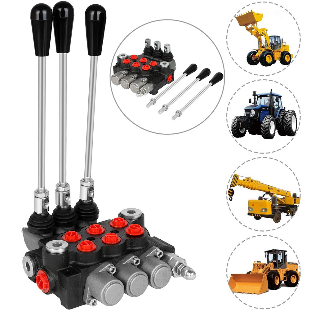 Válvula de control de flujo hidráulico de 3 carretes, 11 GPM, puertos SAE, mango de palanca de alivio ajustable, cargador de tractor central paralelo de doble acción con palanca de mando para