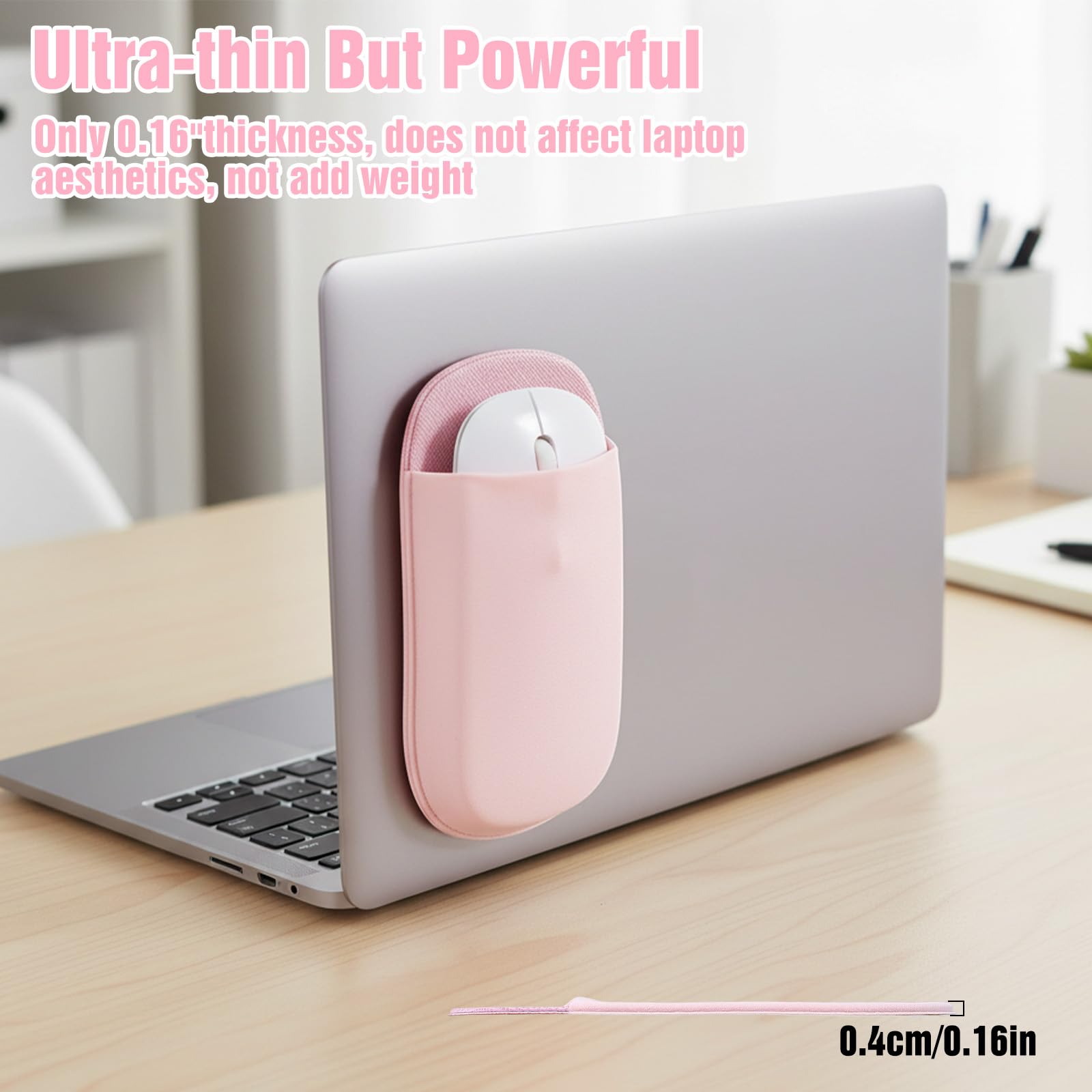 Support de souris fin pour ordinateur portable, pochette universelle pour souris sans fil pour ordinateur portable, rose adhésif, sans résidus de colle