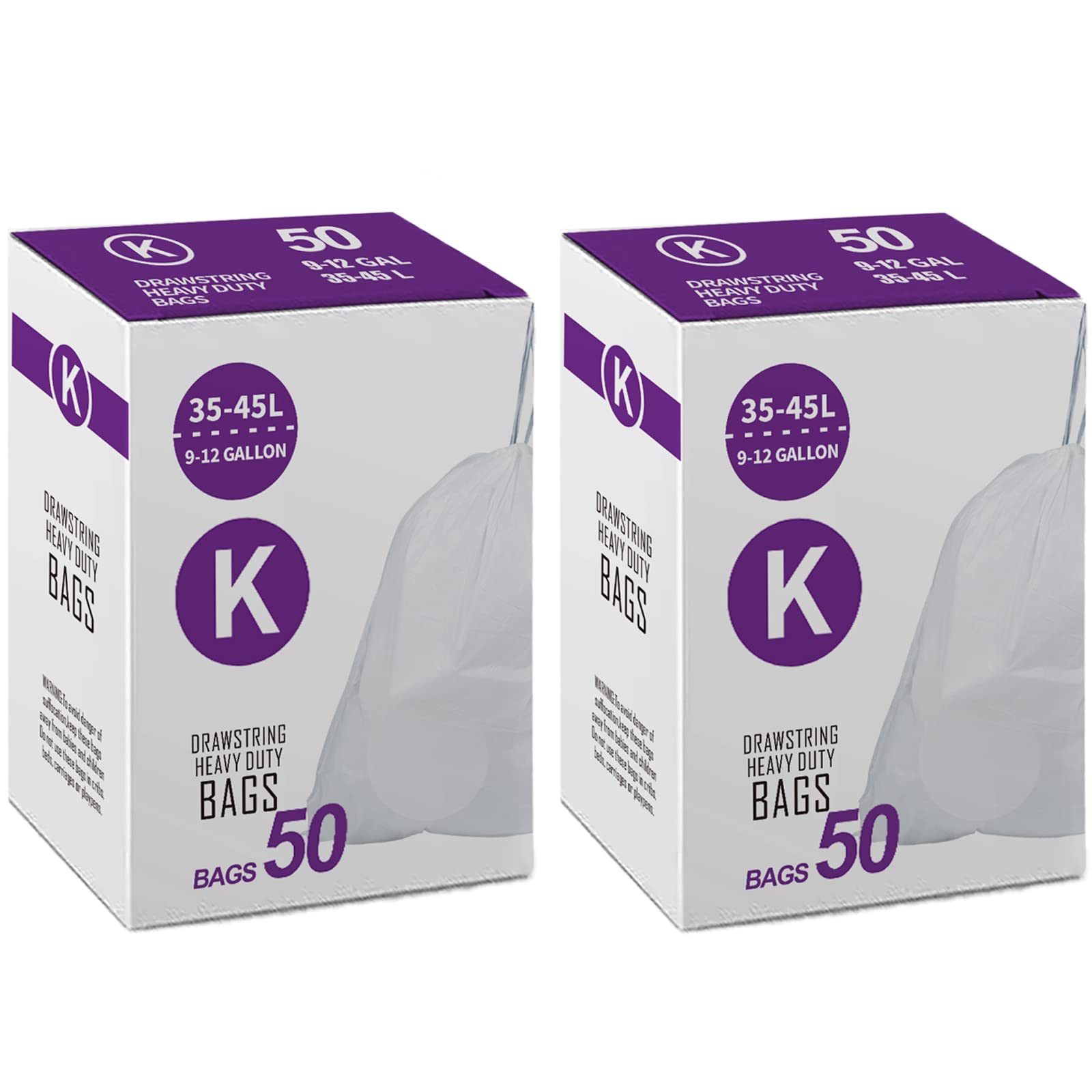 Code K Heavy Duty Trash Bags 1.2 MIL THICK Compatible with simplehuman Code K | 9-12 Gallon / 35-45 Liter Drawstring White Garbage Can Liners Heavy Duty Plastic Trash Bags 50 Count 2 Packs
