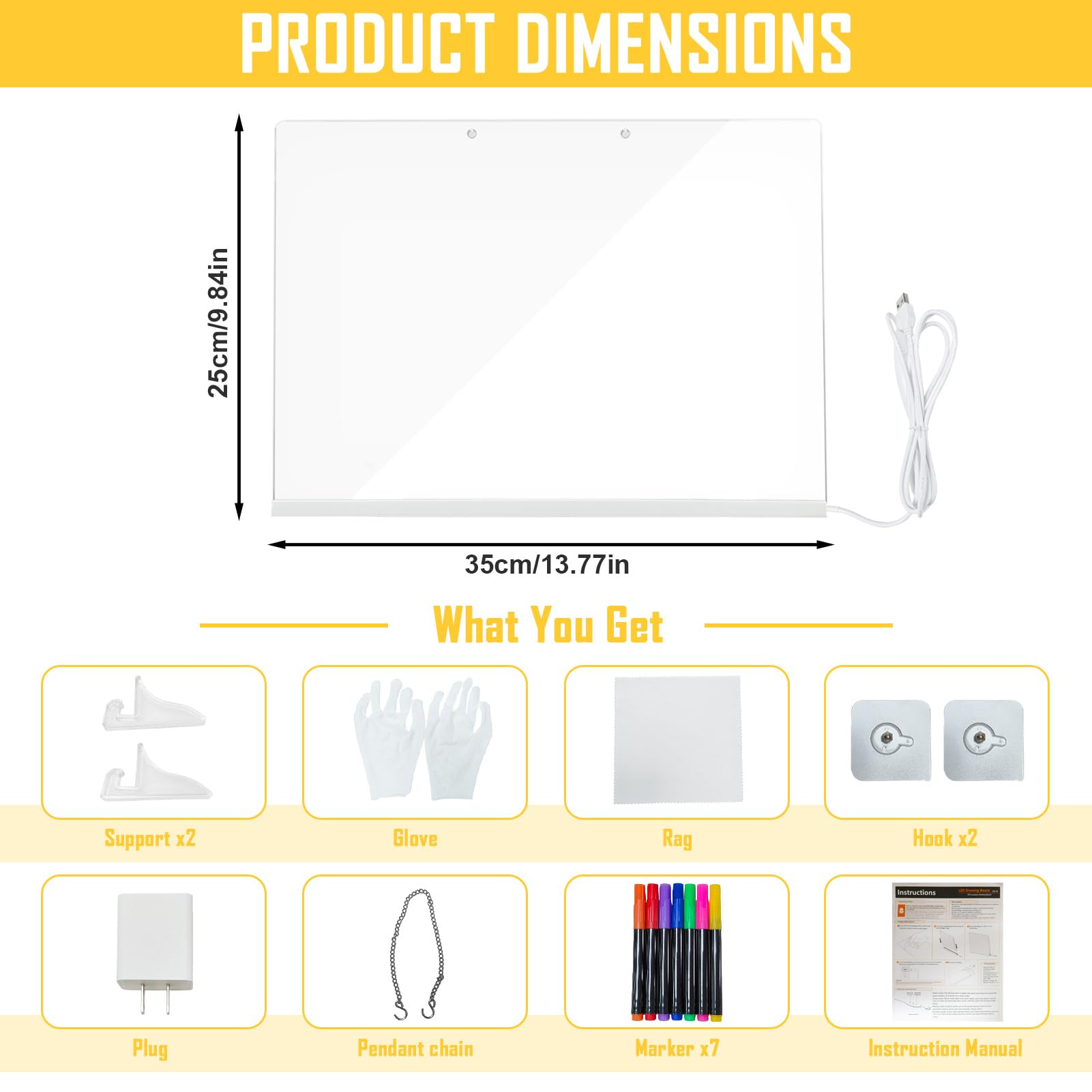 Pizarra LED Transparente 35x25 Acrílico con Lápiz 7 Colores Soporte Ajustable Luminosa Lavable