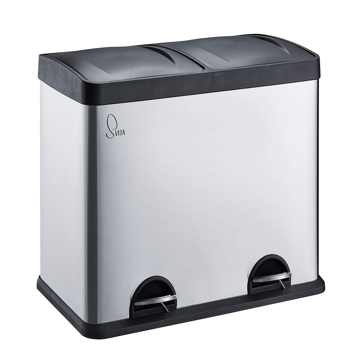 SVITA T2X24 Edelstahl Mülleimer 48 Liter Silber 2 x 24L Treteimer Abfalleimer Küche Mülltrennung mit Schubfächern Silber