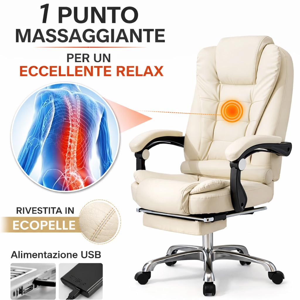 BAKAJI Poltrona Sedia Scrivania Ufficio Massaggiante e Riscaldante in Ecopelle Similpelle Schienale Reclinabile Base con Ruote Rotazione 360 gradi Direzionale Altezza regolabile (Bianco)