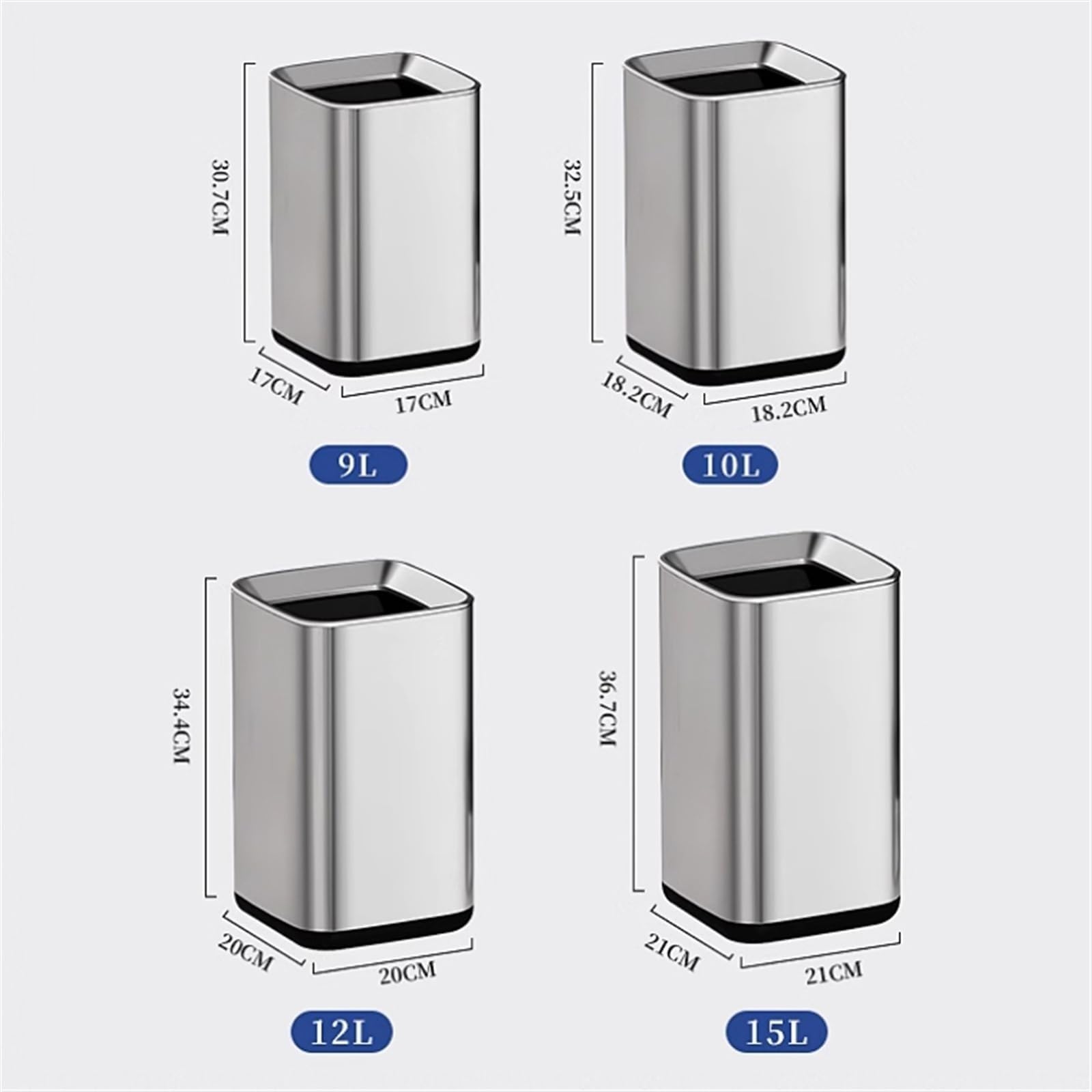 Mülleimer, quadratisch, Edelstahl, mit herausnehmbarem Innenkorb, oben offener Metallmülleimer(Black,12L)