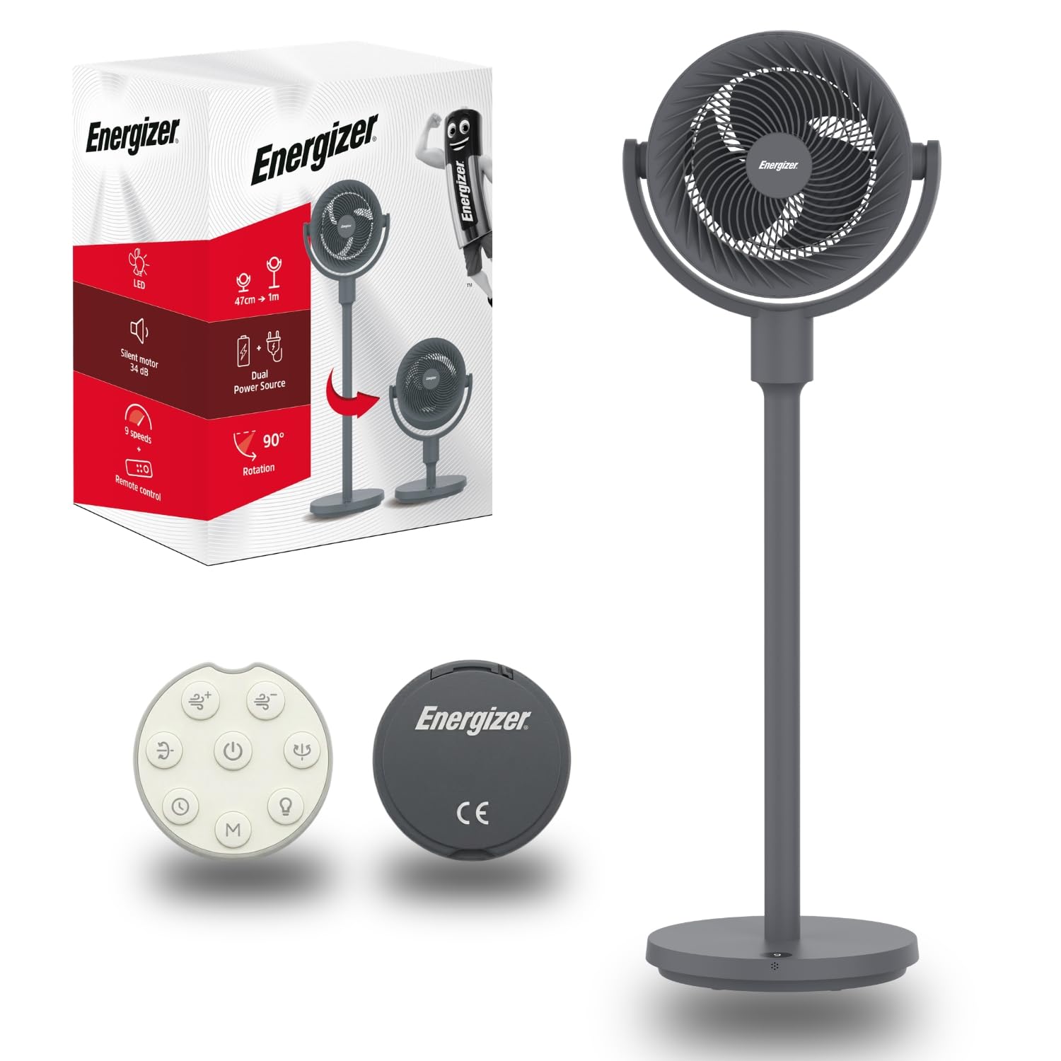 Energizer Ventilatore a Piantana Silenzioso 35 dB, 1017 m³/h, 9 Velocità, Oscillazione 90°, Portatile Ricaricabile 2400 mAh, Altezza 100 cm, Cavo USB Incluso, Per Ufficio e Camera, Grigio