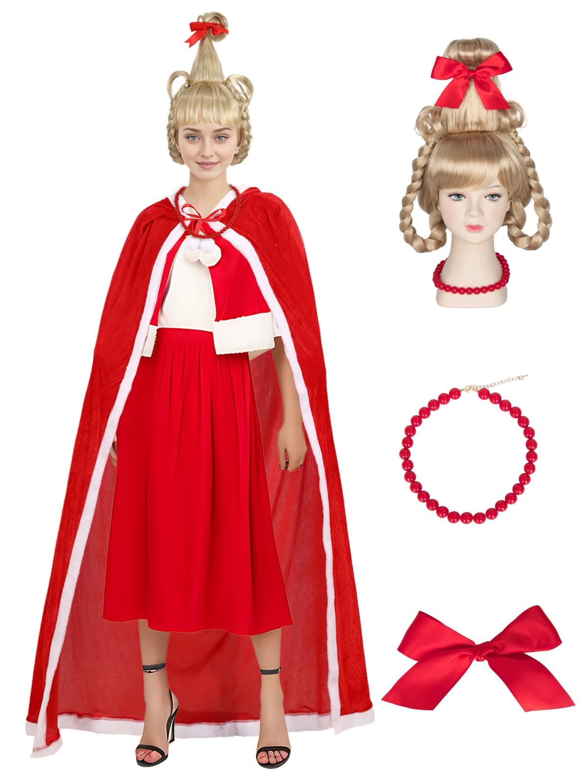 Makoike Cindy Lou Who Costume 4Pcs Christmas Red Hooded Robe Cloak Wig Necklace Bow Halloween Costumes Adults Kids (Adults)