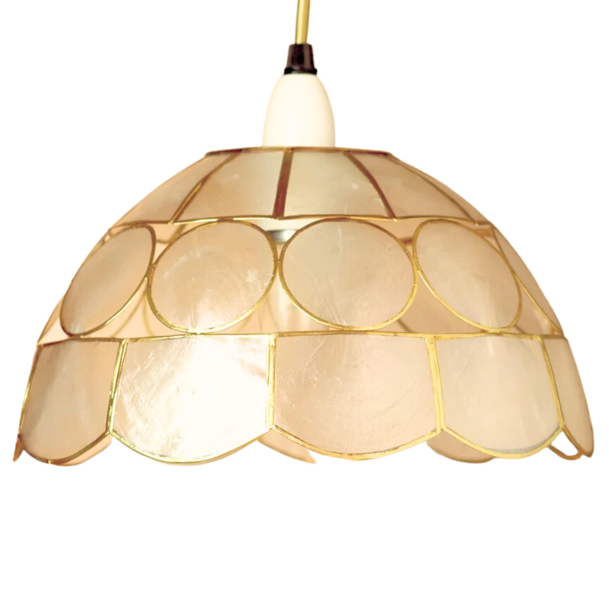 Handcrafted 25cm Capiz Shell Pendant Shade – Natural with Antique Brass Inlay, Dual Shade Ring, Easy Fit, Made in The Philippines