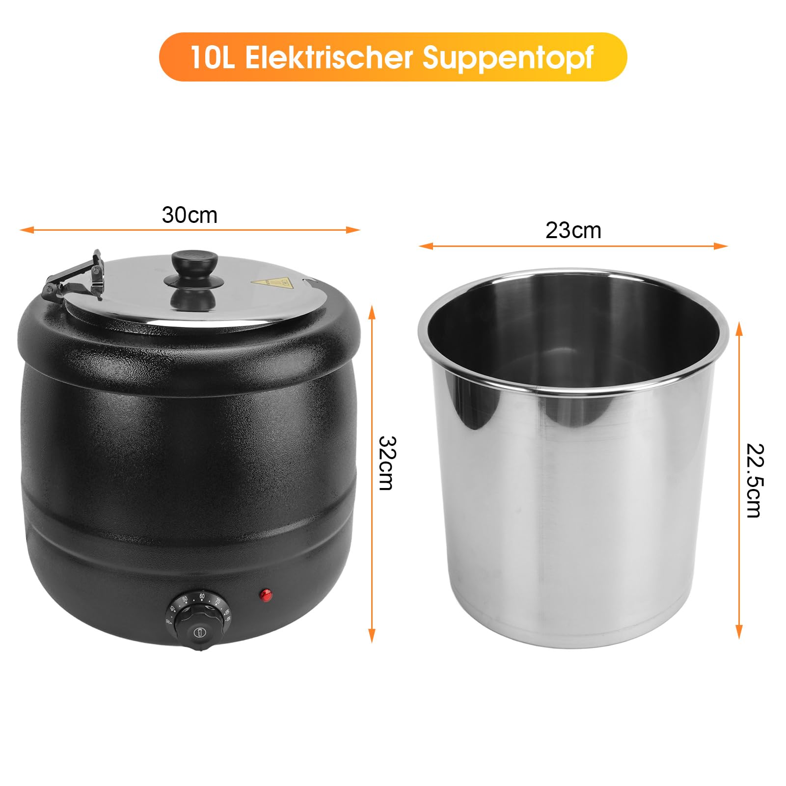 Pentola Elettrica 10 Litri, Bollitore per Zuppa 400W, con Fodera Acciaio Inossidabile Rimovibile, Scalda Zuppa, Isolamento Termico per Ristorazione