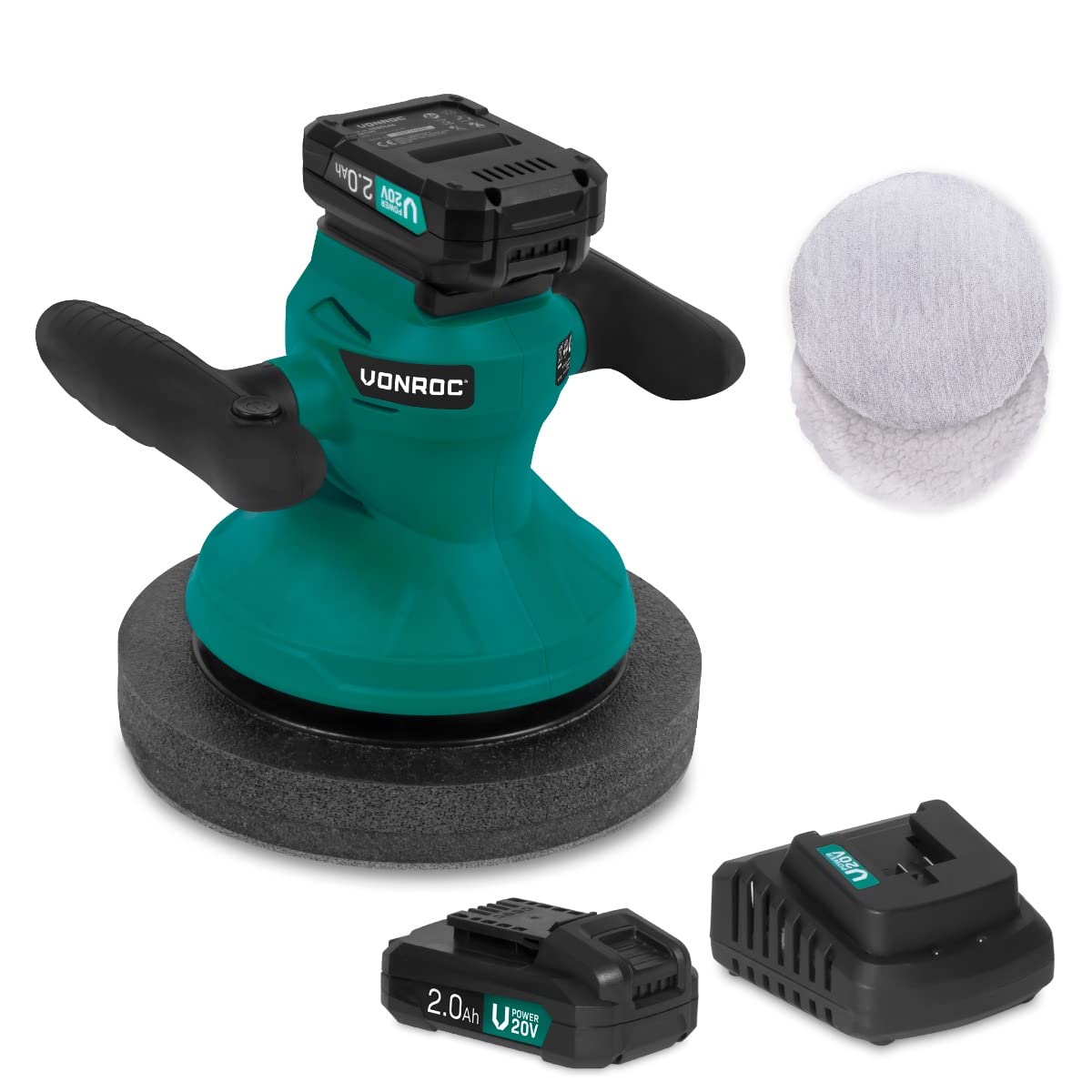 VONROC Pulidora 20V - Ø240mm - Incl. 2 casquillos para pulir - Incl. 2 baterías de 2.0Ah y cargador rápido