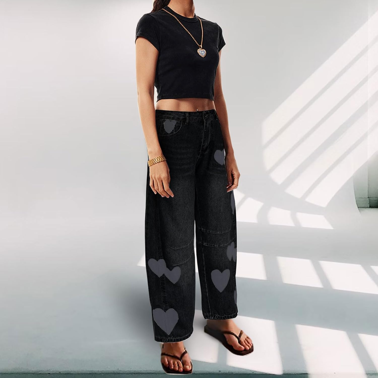 Barrel Jeans for Women Mid Rise Heart Printed Denim Ankle Pants Vintage Baggy Boyfriend Jeans - Image 3