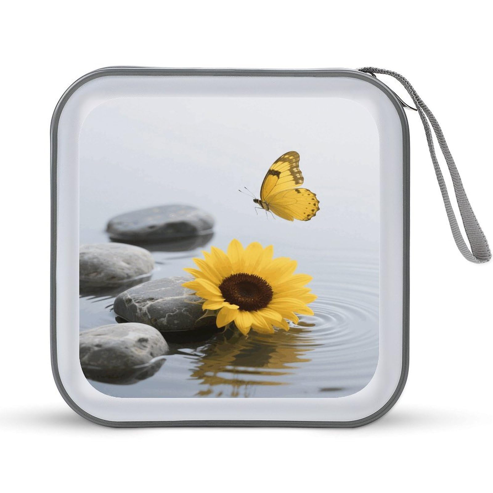 VstaDank Yellow Flower Butterfly with Zen Stone CD Case Portable Zipper CD Case 40 Capacity Hard Plastic DVD Cases Holder Large Storage Disc Wallet Bag for Car Home Travel DVD Collection Bag