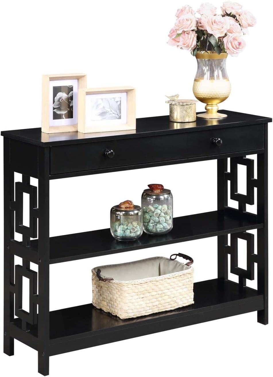 Modern Black Wood Console Table with Storage and Shelves
