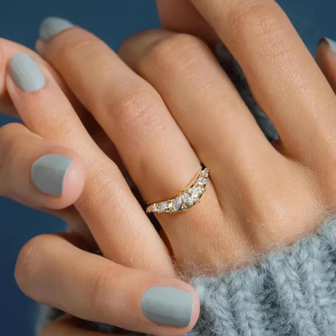 1.56 Ct Marquise & Round Cut East To West Diamond Chevron Engagement Band Ring For Women Jewelry 14k Gold Plated Elegant Wide Curved Ring 925 Sterling Silver Handmade Bridal Ring Gift For Her