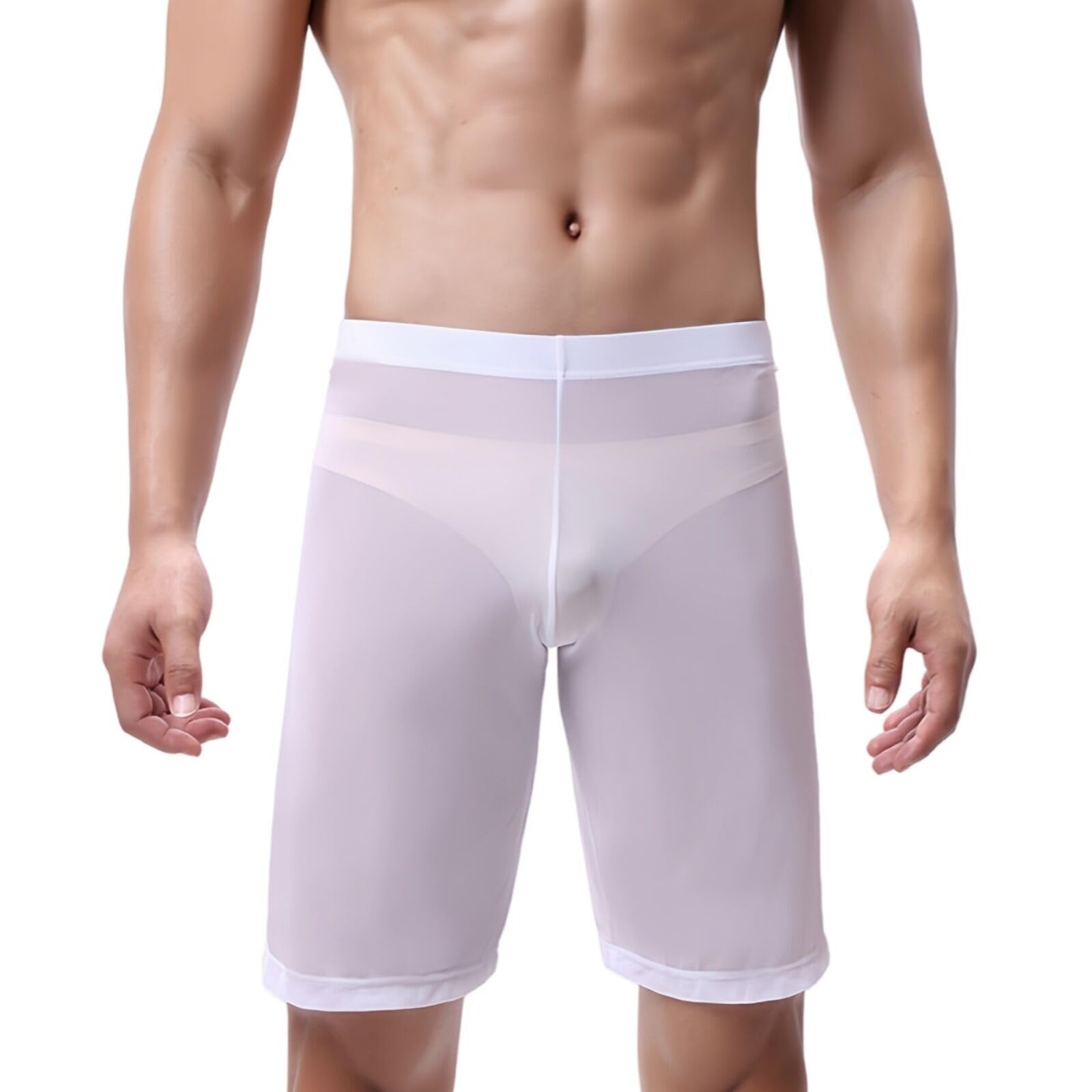 Duoyijin Men's White Mesh Boxer Shorts See Through Sheer Lingerie Underwear Sexy Low Rise Loose Fit Boxers Trunks Breathable Transparent Elastic Lounge Bottoms Nightwear Party Clubwear, /Xl