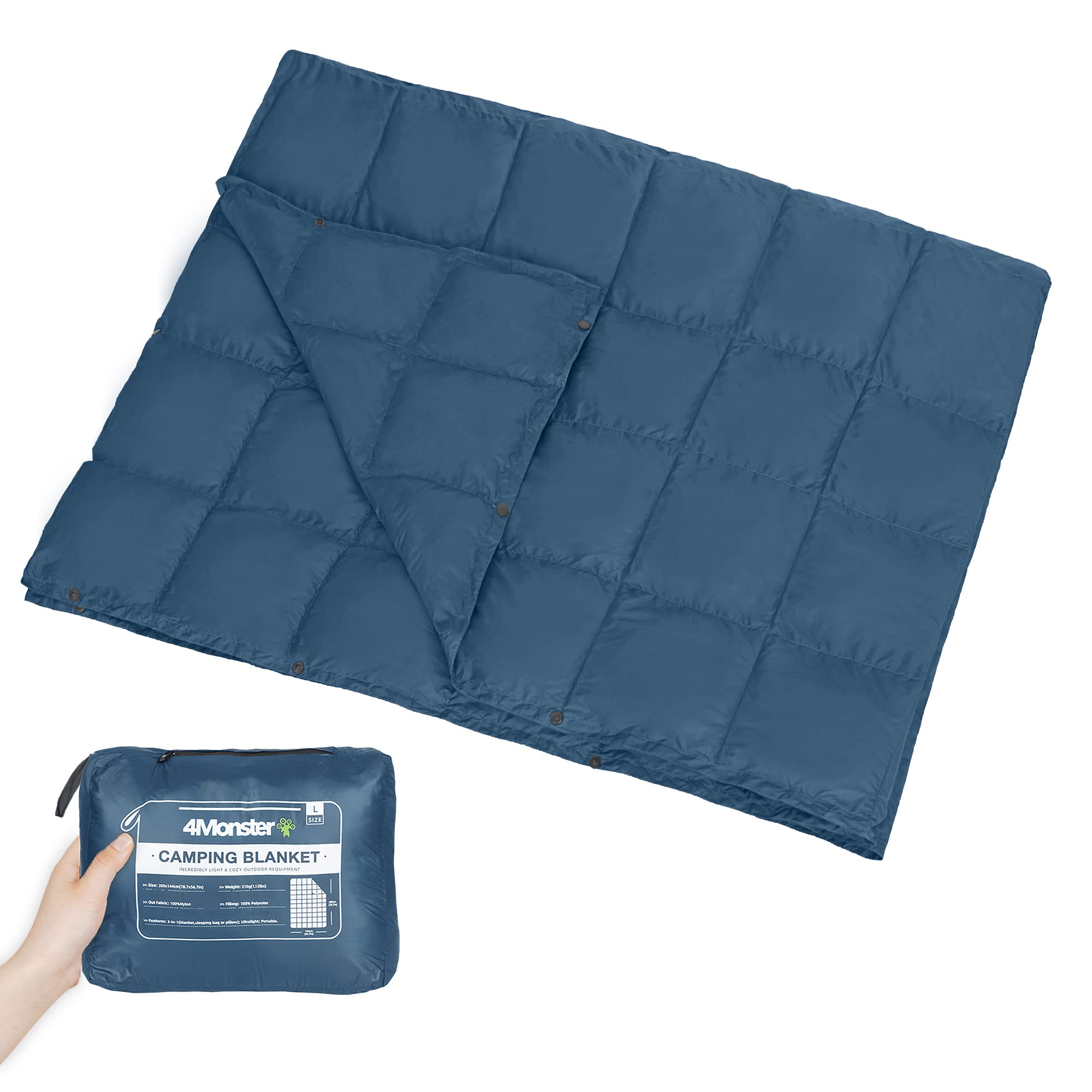4Monster Packable Camping Blanket Lightweight,Compact Camping Quilt Water-Resistant, Wearable Warm Alternative Camping Blanket for Airplane, Hiking, Backpacking, Stadium,Beach (Navy Blue, L(55*69