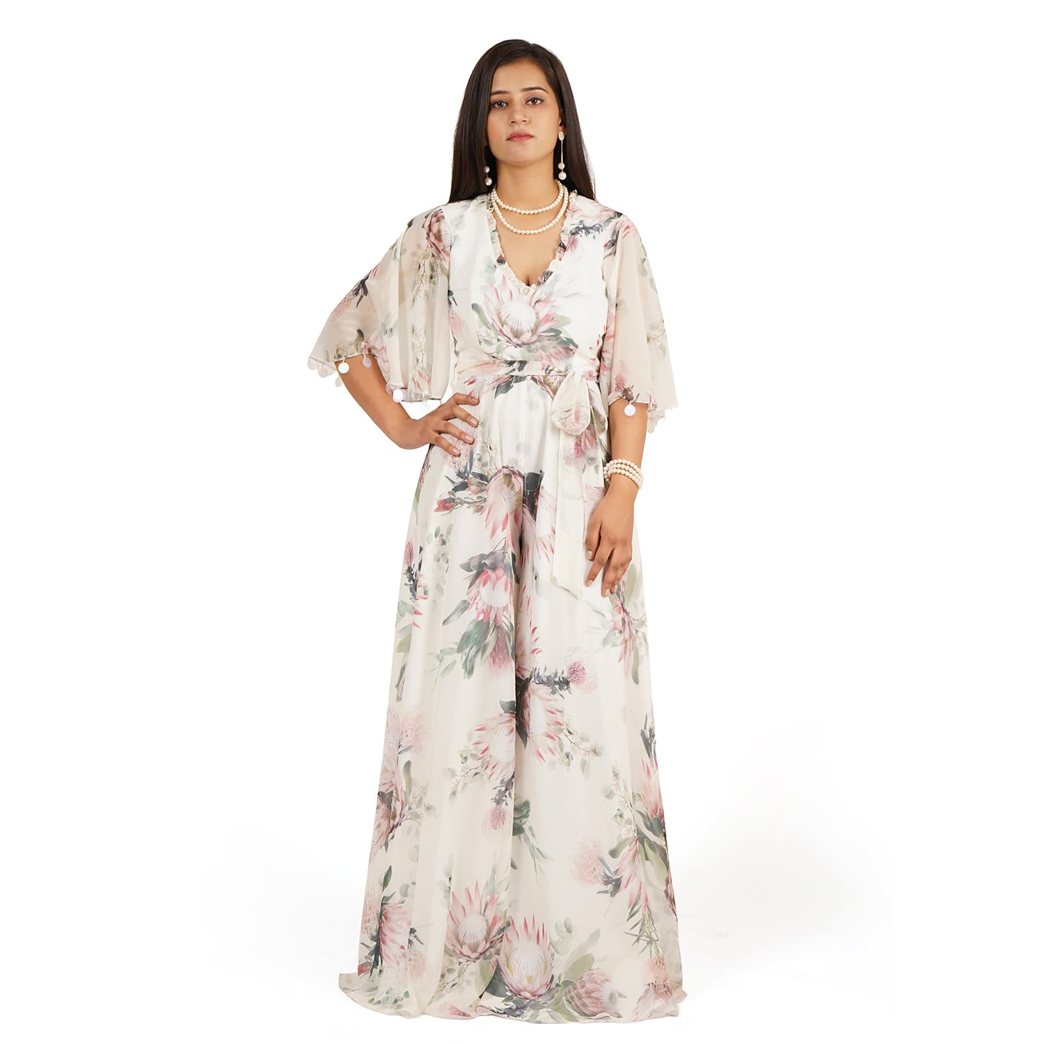 Women Flower Digital Printed Flared 3/4 Sleeves V Neck Full Length Jump Suit-picture-13