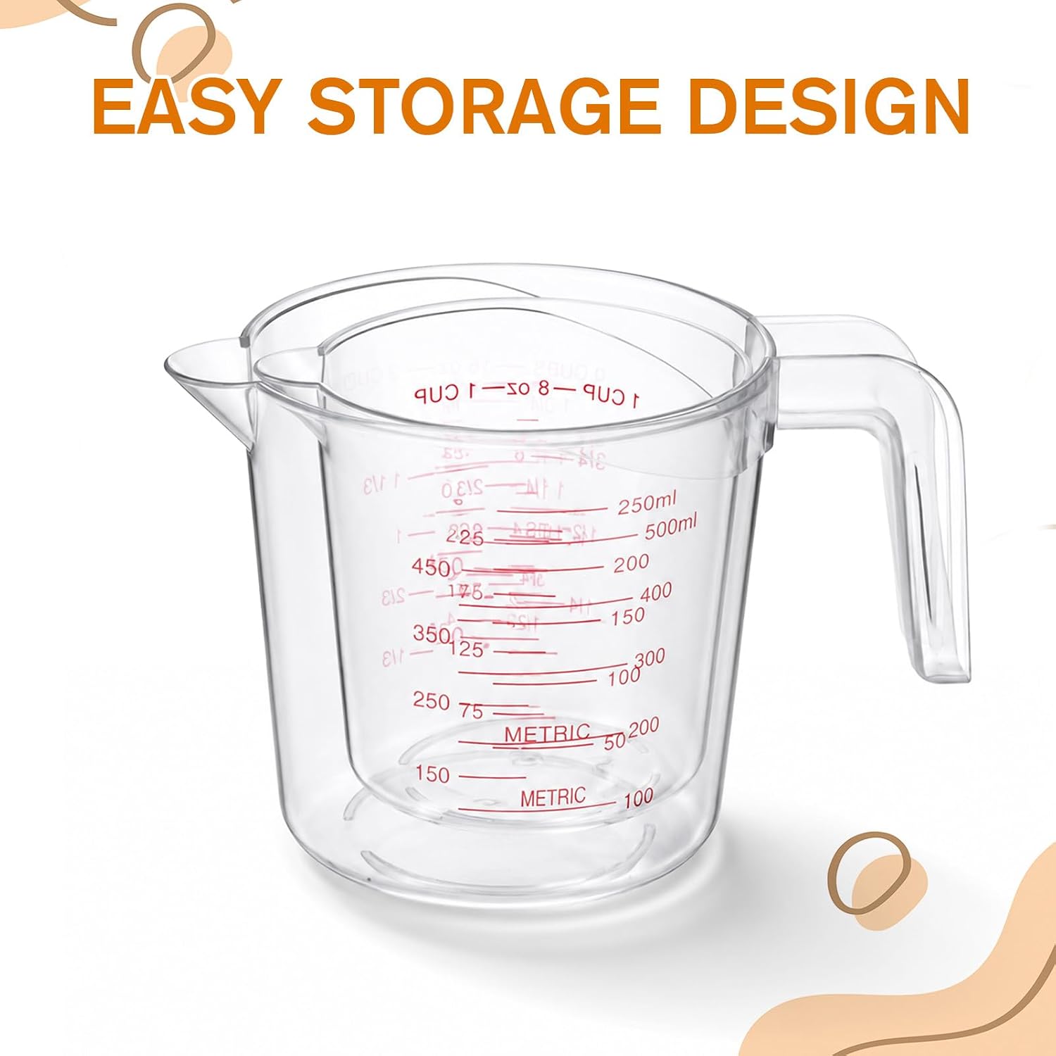 2 Pack Measuring Cups Set, Plastic Liquid Measuring Cups: 250ml (1 Cup, 8 oz) & 500ml (2 Cup, 16 oz) Clear Kitchen Tools for Baking Cooking Mixing Measure