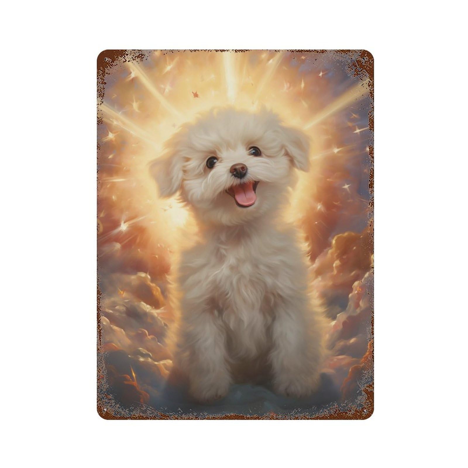 Rust Effect Smiling Bichon Frise in Heaven Rusty Metal Tin Sign 15.7"x11.8", Old School Wall Decor for Basement, Hobby Room And Garage Decor